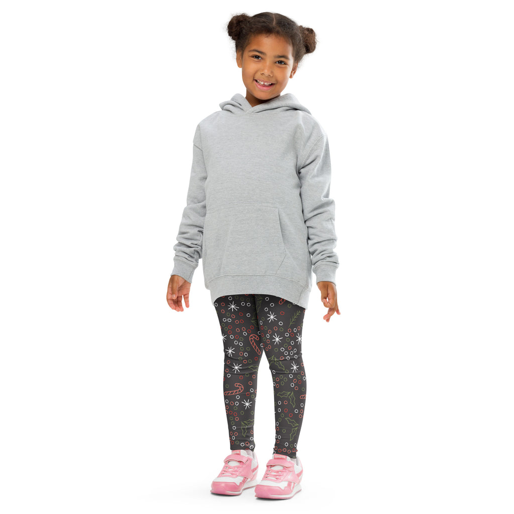 Gray hooded sweatshirt with long sleeves and front pocket paired with kids christmas candy canes and holly leaves leggings