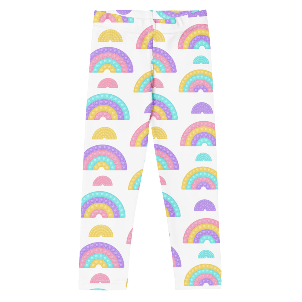 White buttery soft kids bubble fidget themed leggings with pastel purple pink yellow and teal rainbow pattern