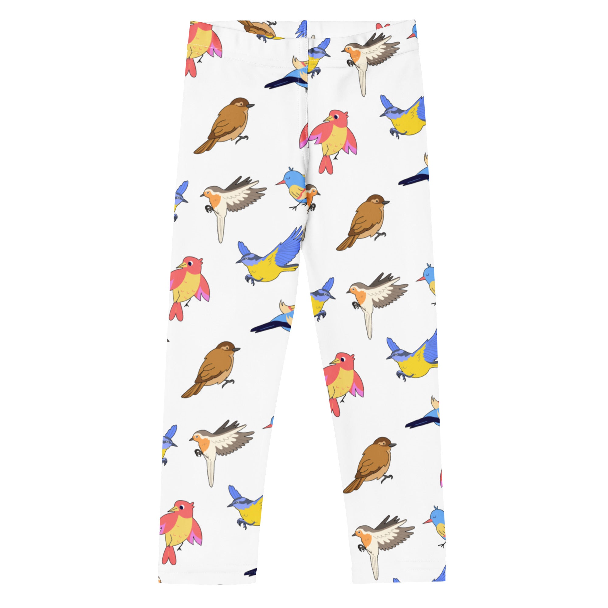 Kids colorful birds buttery soft white leggings with playful pattern of multicolored cartoon birds in various poses