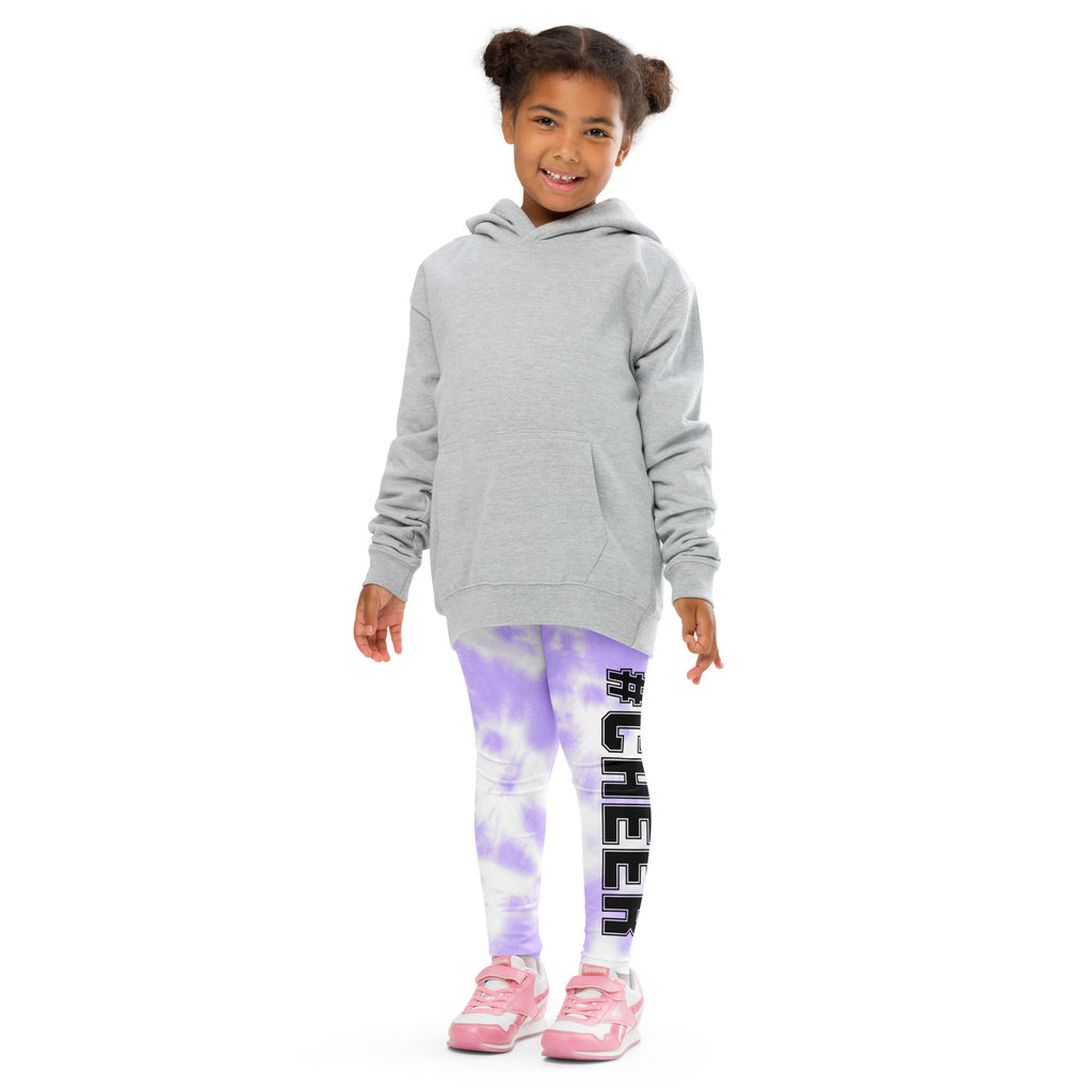 Gray hooded sweatshirt with long sleeves and front pocket worn by child paired with girls custom lavender tie dye leggings