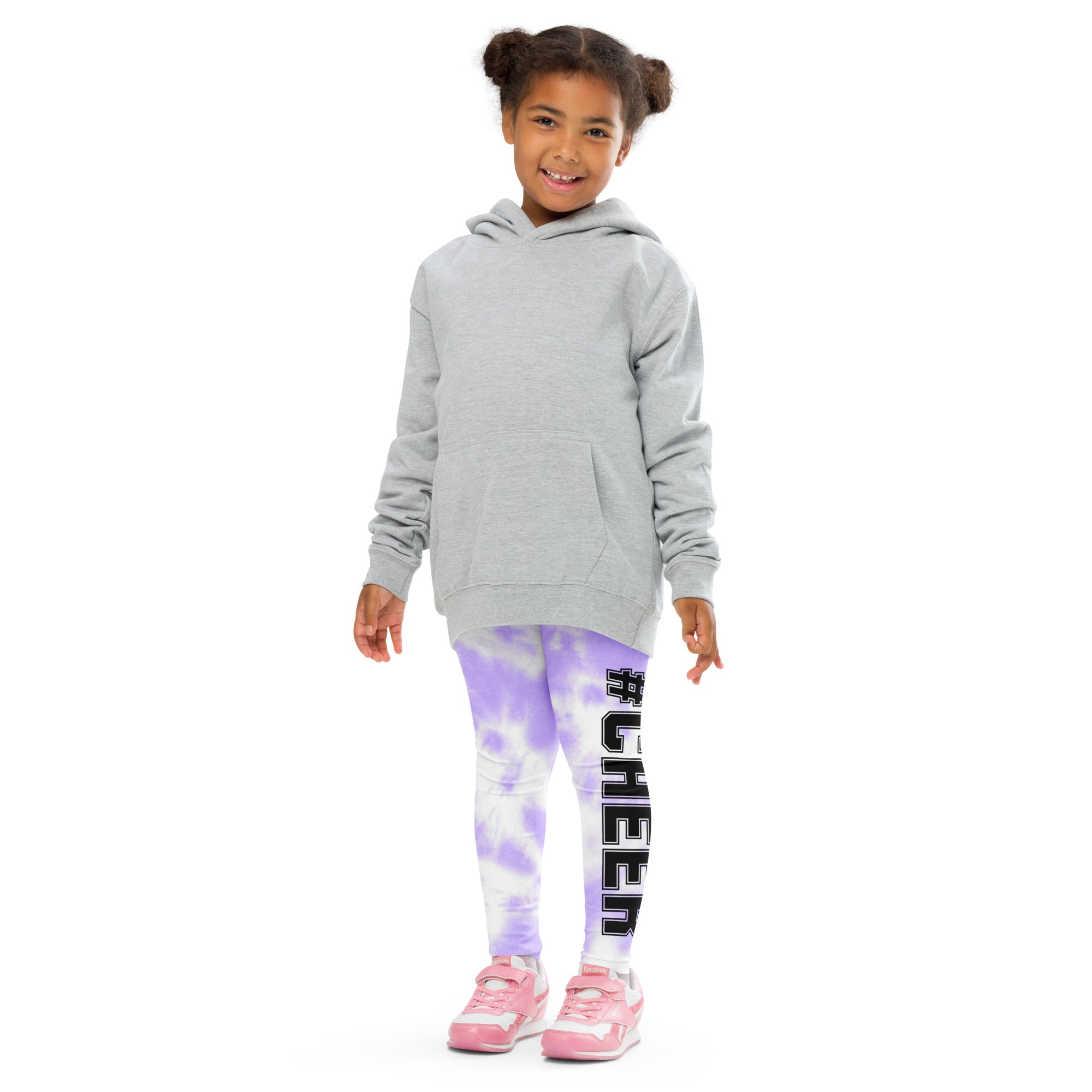 Gray hooded sweatshirt with long sleeves and front pocket worn by child paired with girls custom lavender tie dye leggings