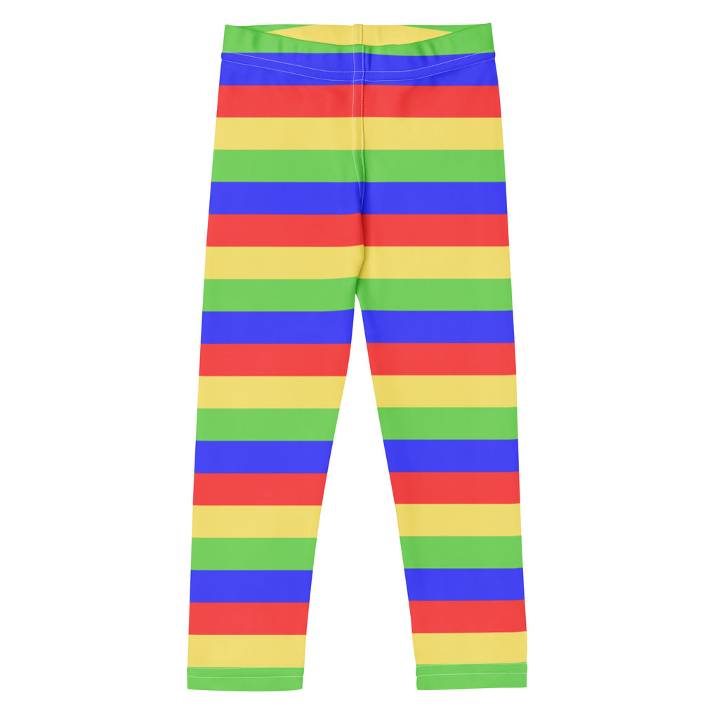 Kids colorful striped butterfly buttery soft leggings with bold rainbow horizontal bands of red yellow blue and green