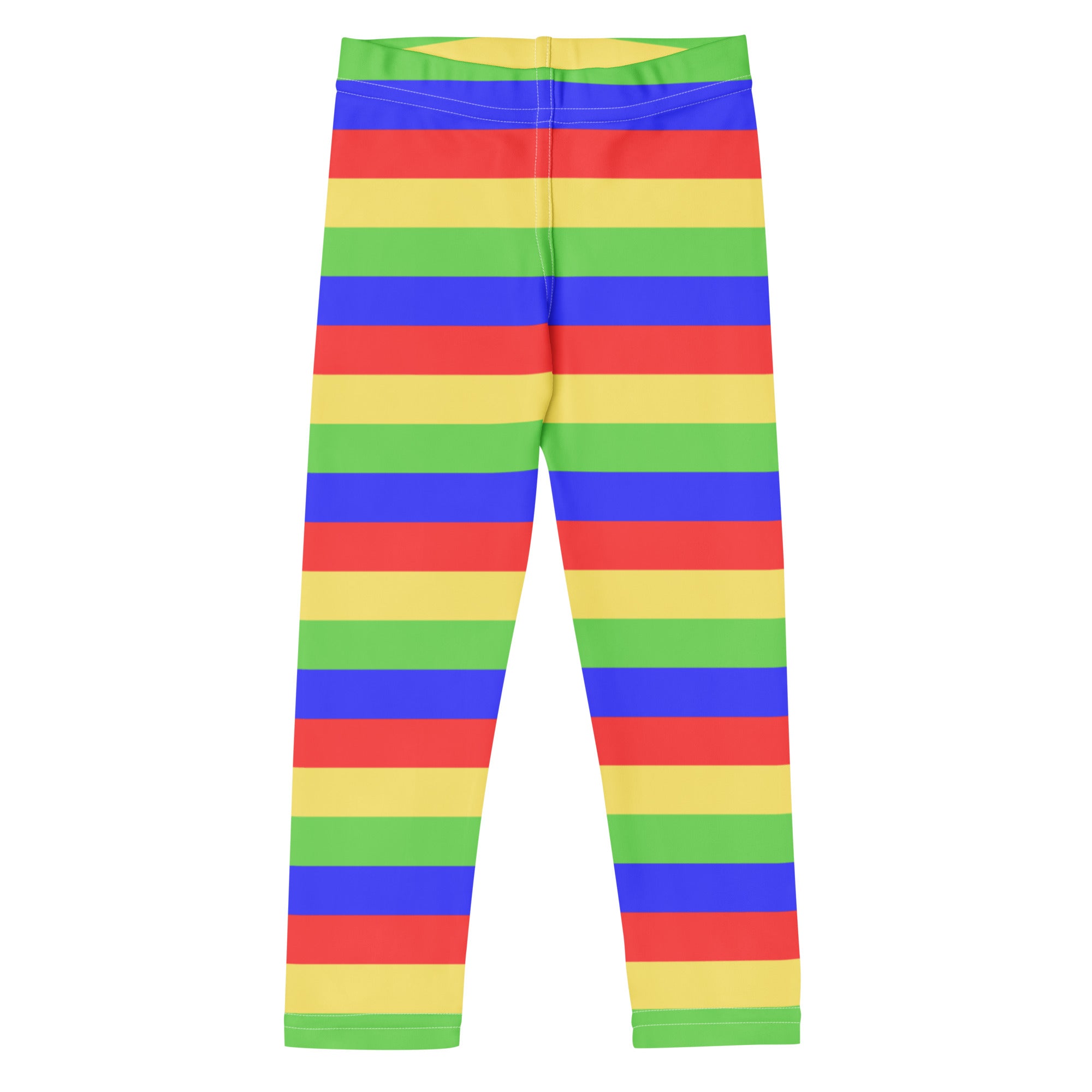 Kids colorful striped butterfly buttery soft leggings with bold rainbow horizontal bands of red yellow blue and green