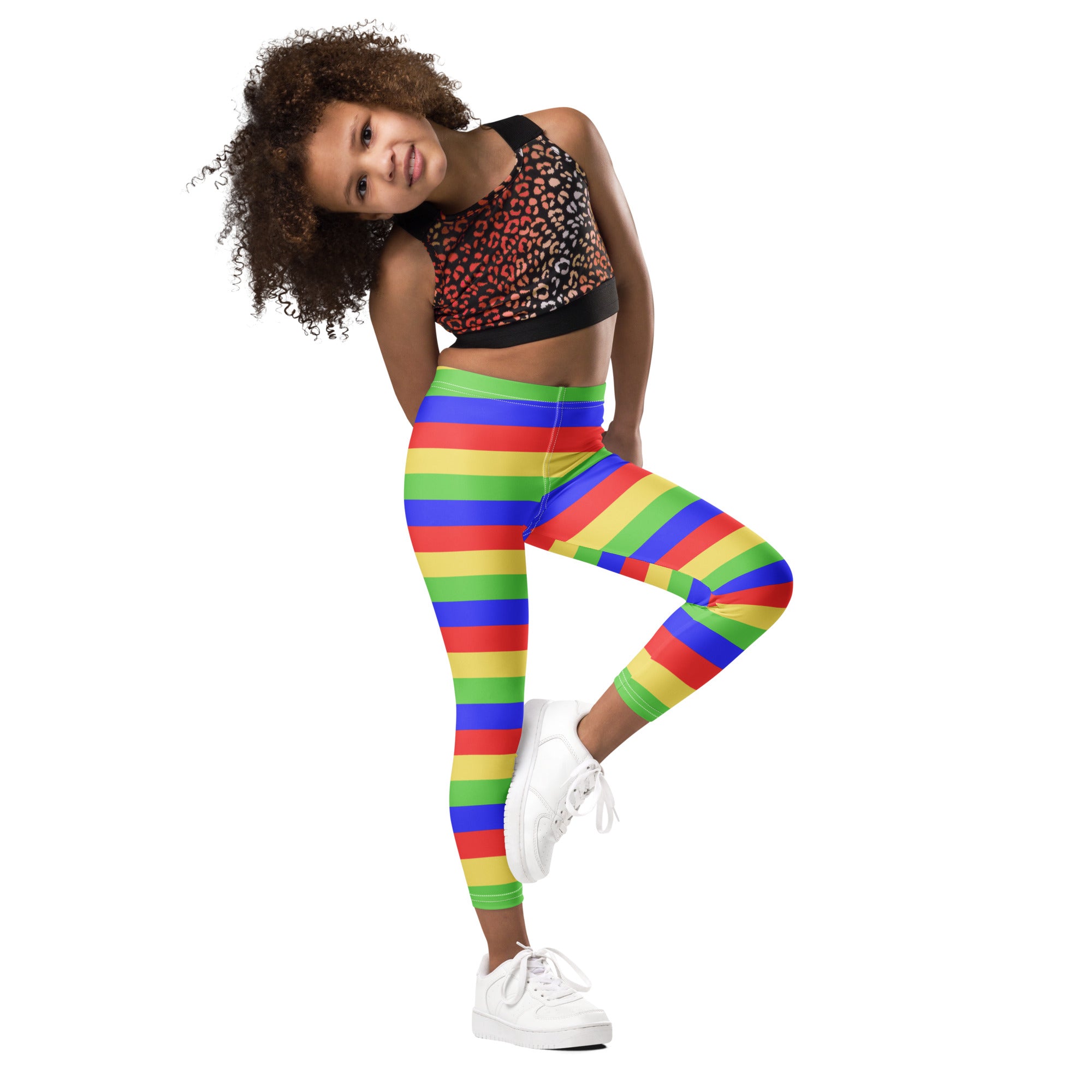 Kids colorful striped butterfly buttery soft leggings with vibrant rainbow horizontal bands in red orange yellow green blue purple