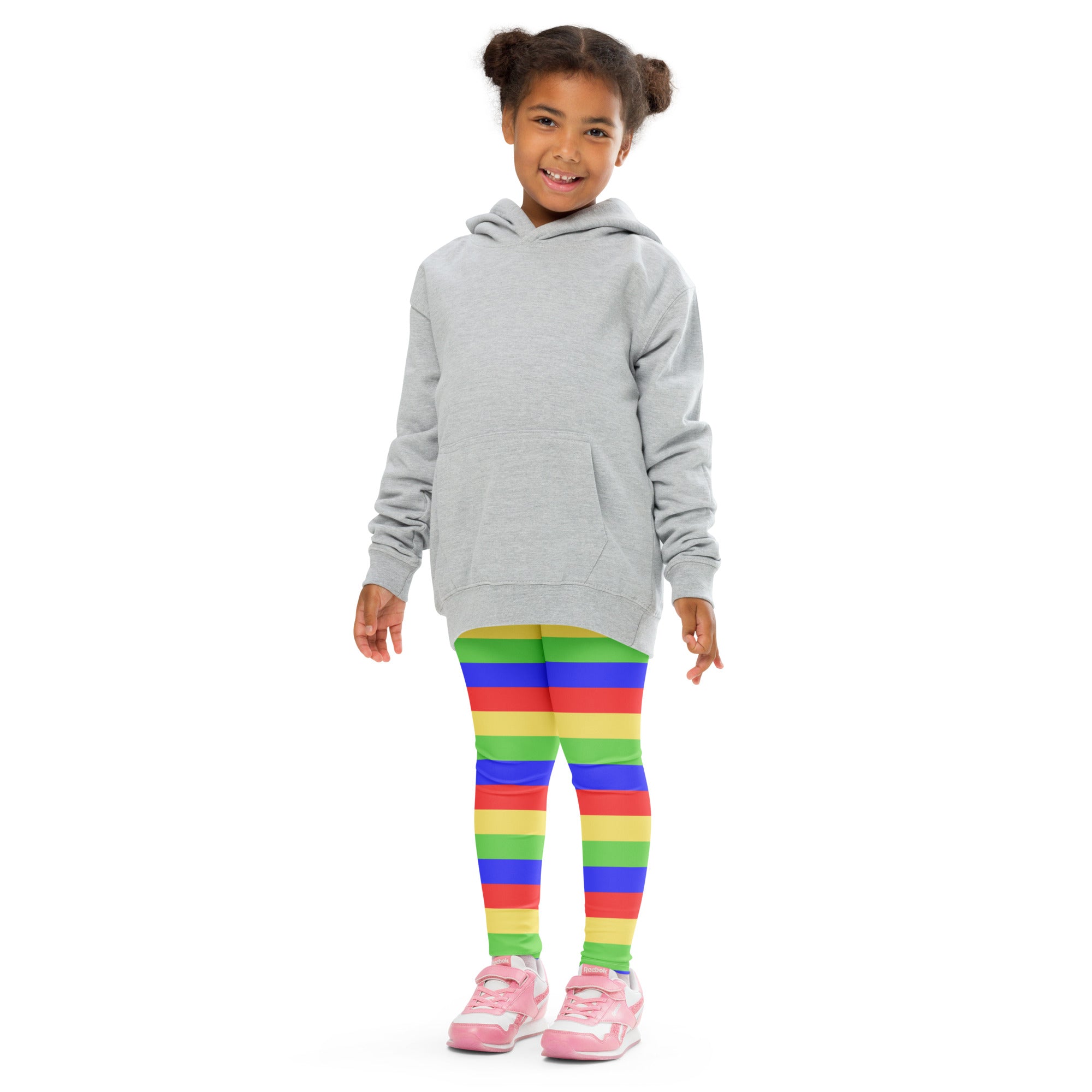 Kids colorful striped butterfly buttery soft leggings paired with a gray hooded sweatshirt with front pocket
