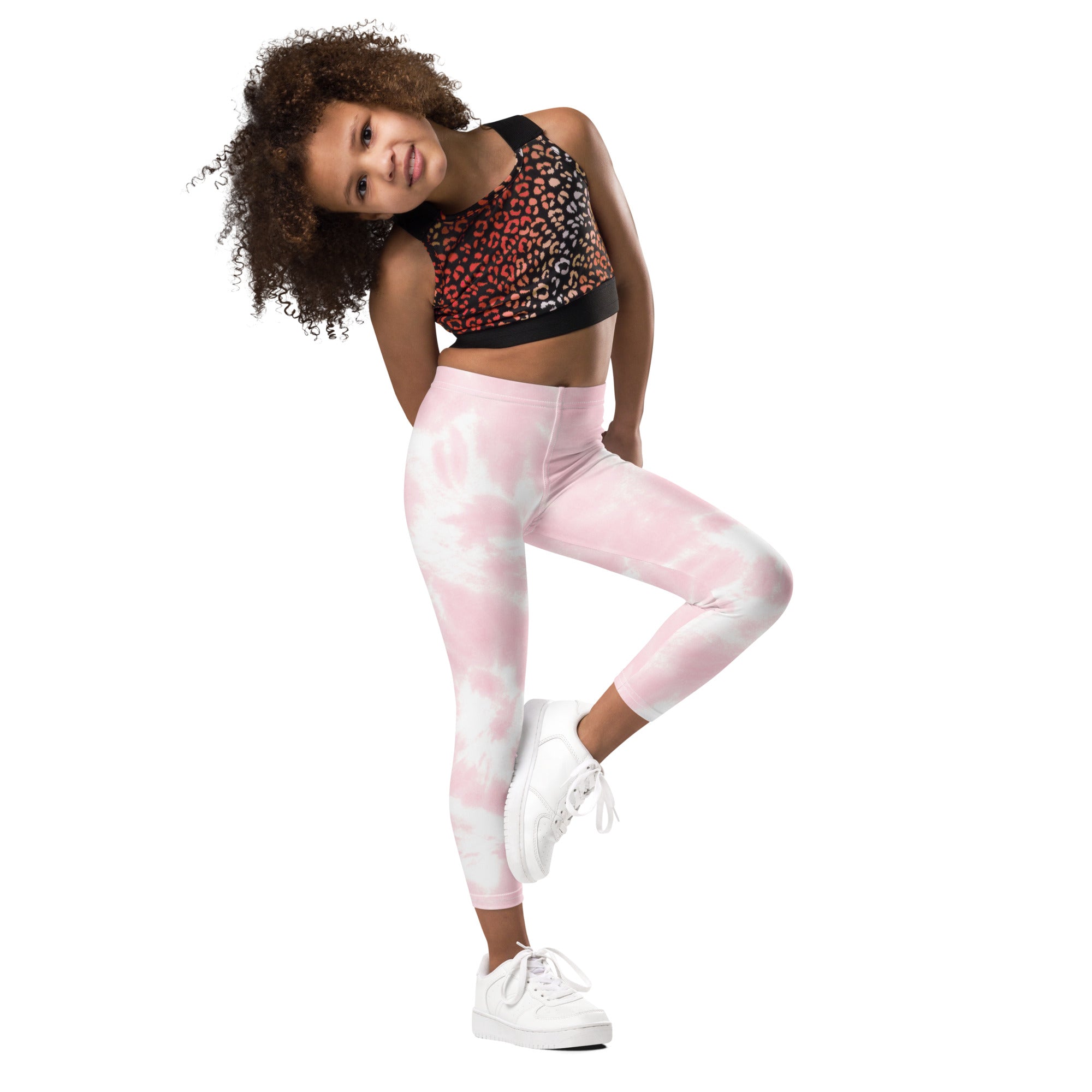 Girls pink and white tie dye buttery soft leggings made of comfortable stretchy fabric for everyday wear