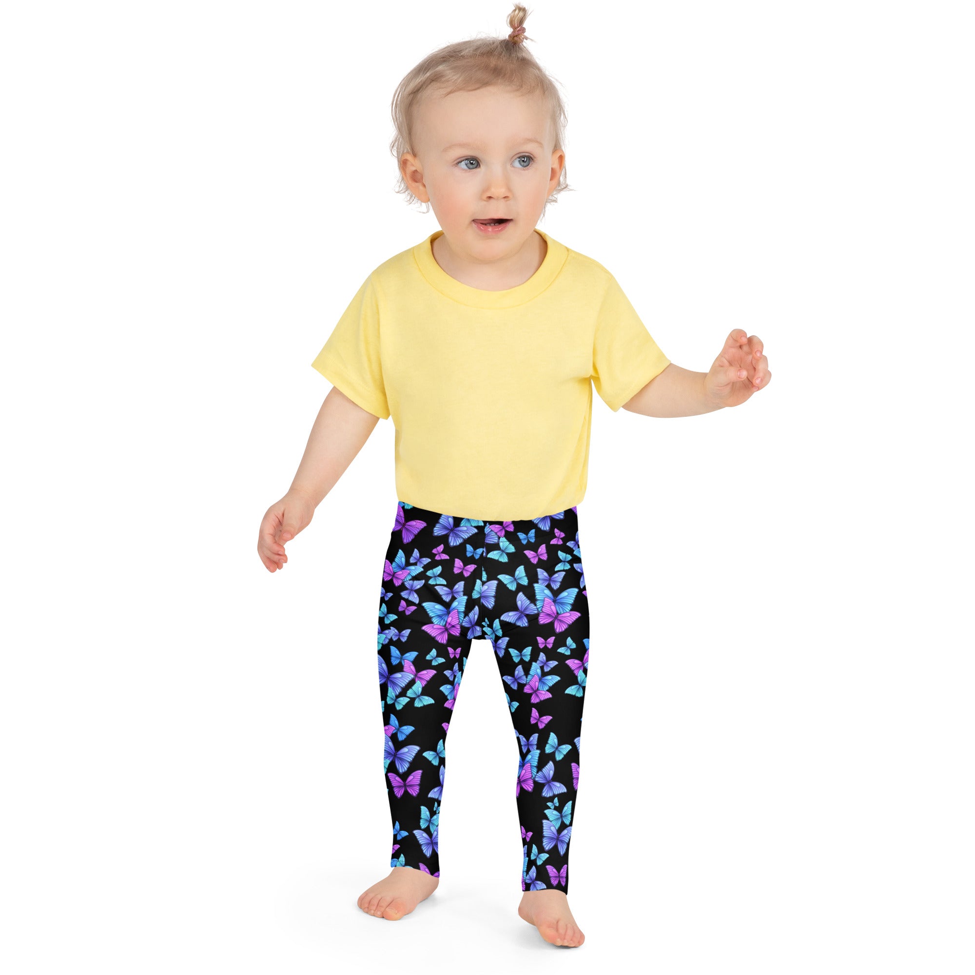 Girls vibrant butterfly buttery soft leggings in black with purple and blue butterfly pattern for comfortable wear