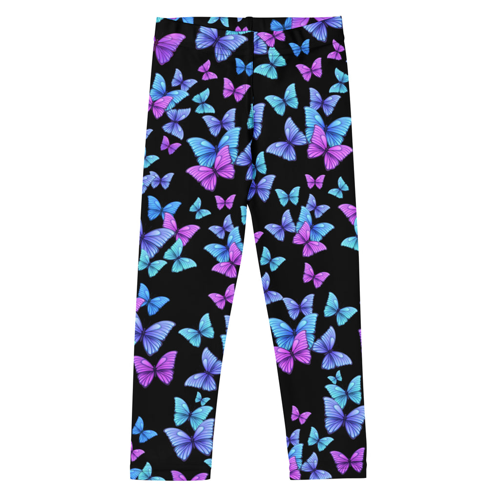 Girls vibrant butterfly buttery soft leggings in black with a colorful purple and blue butterfly pattern