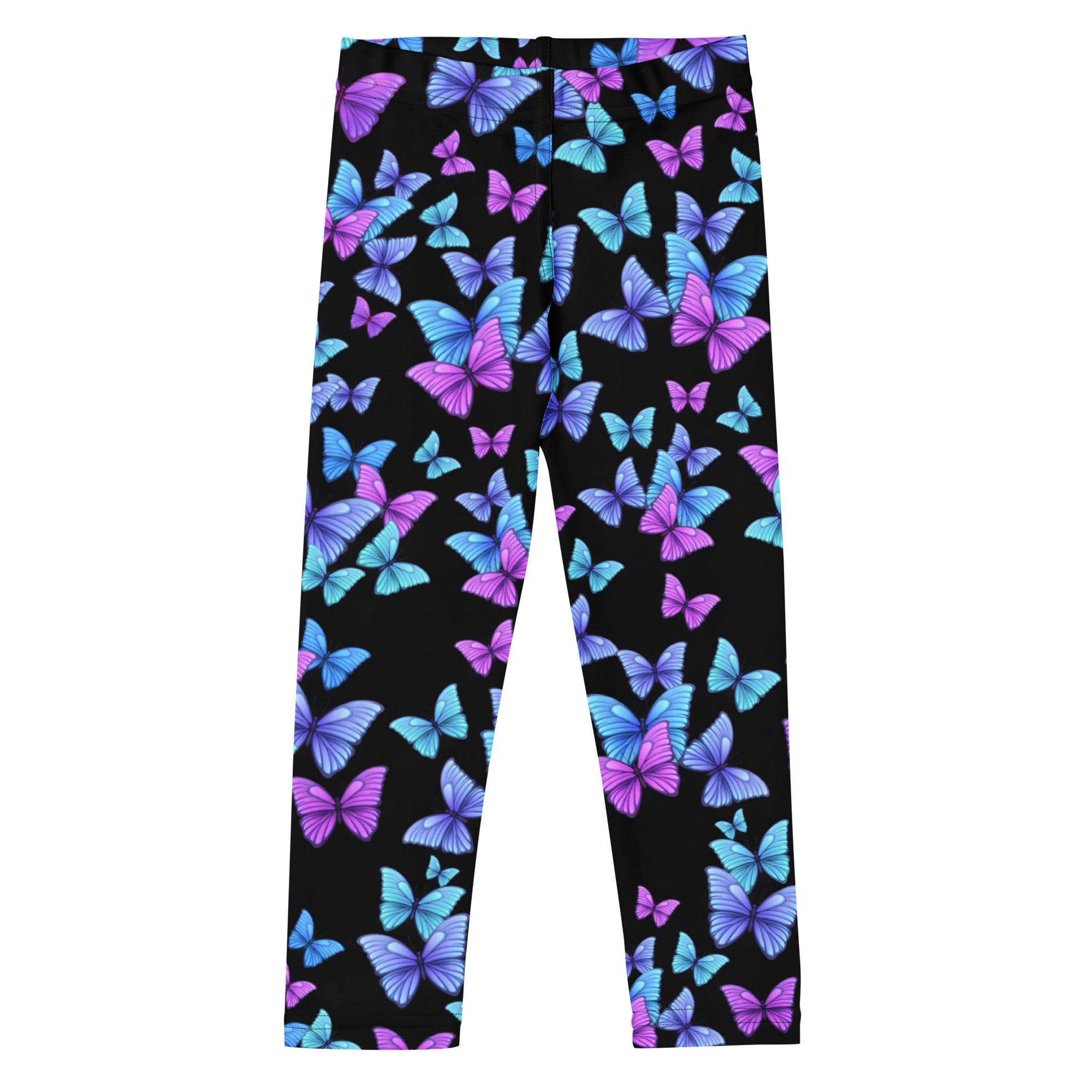 Girls vibrant butterfly buttery soft leggings in black with a colorful purple and blue butterfly pattern