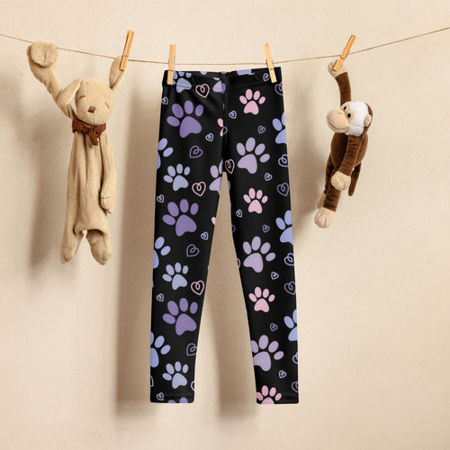Girls black buttery soft leggings with playful purple pink and light blue paw prints and small hearts pattern