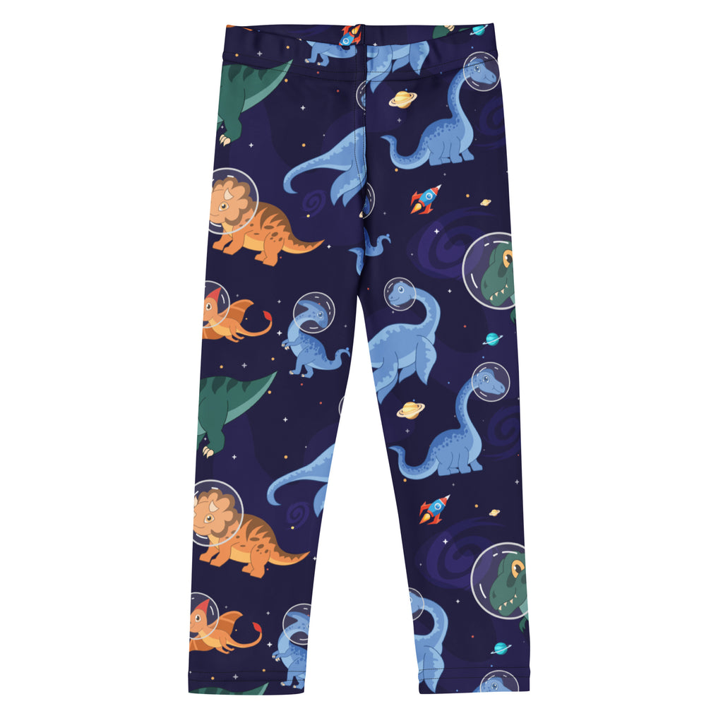 Navy blue kids space dinosaur buttery soft leggings with playful astronaut dinosaur, colorful rockets, and planets pattern