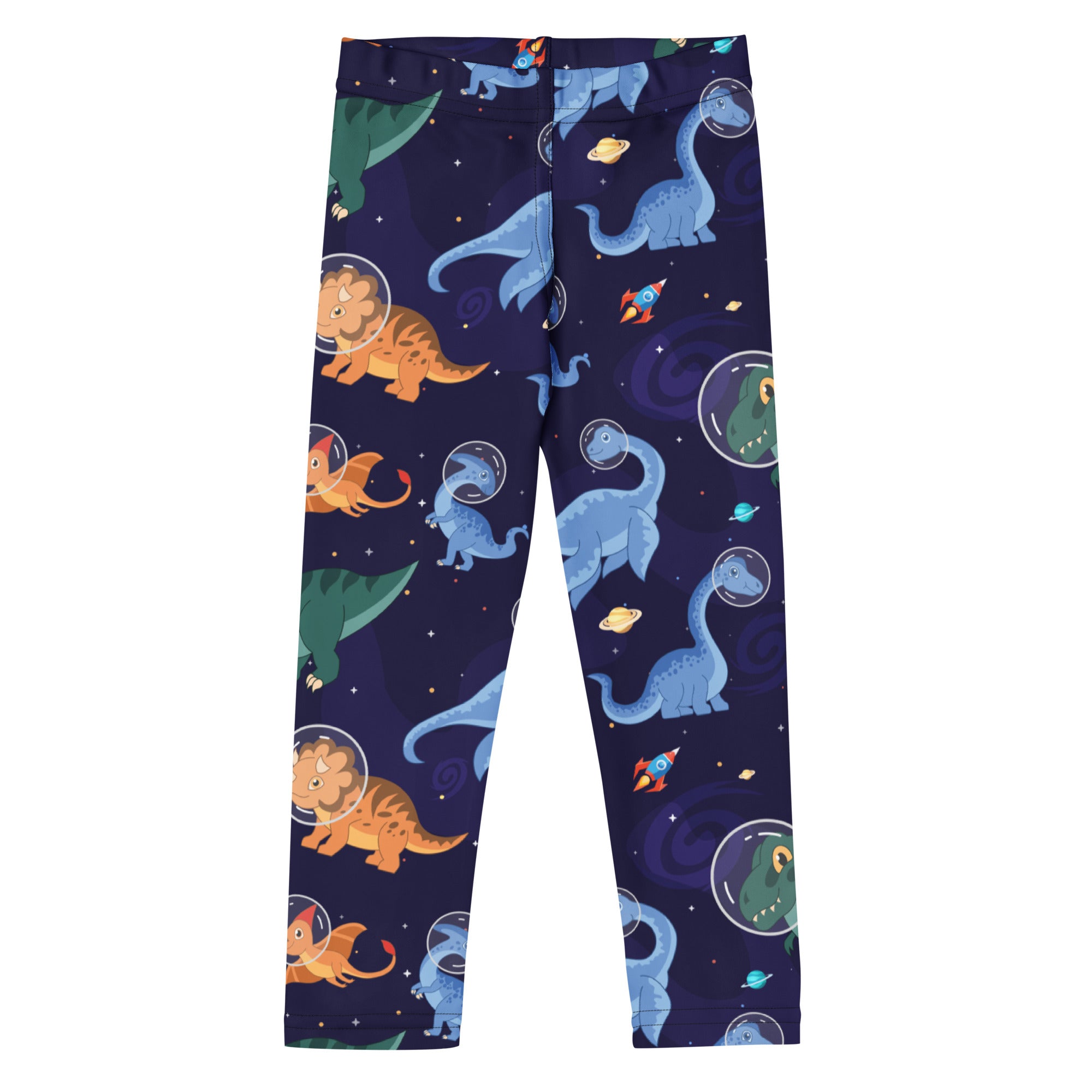 Navy blue kids space dinosaur buttery soft leggings with playful astronaut dinosaur, colorful rockets, and planets pattern