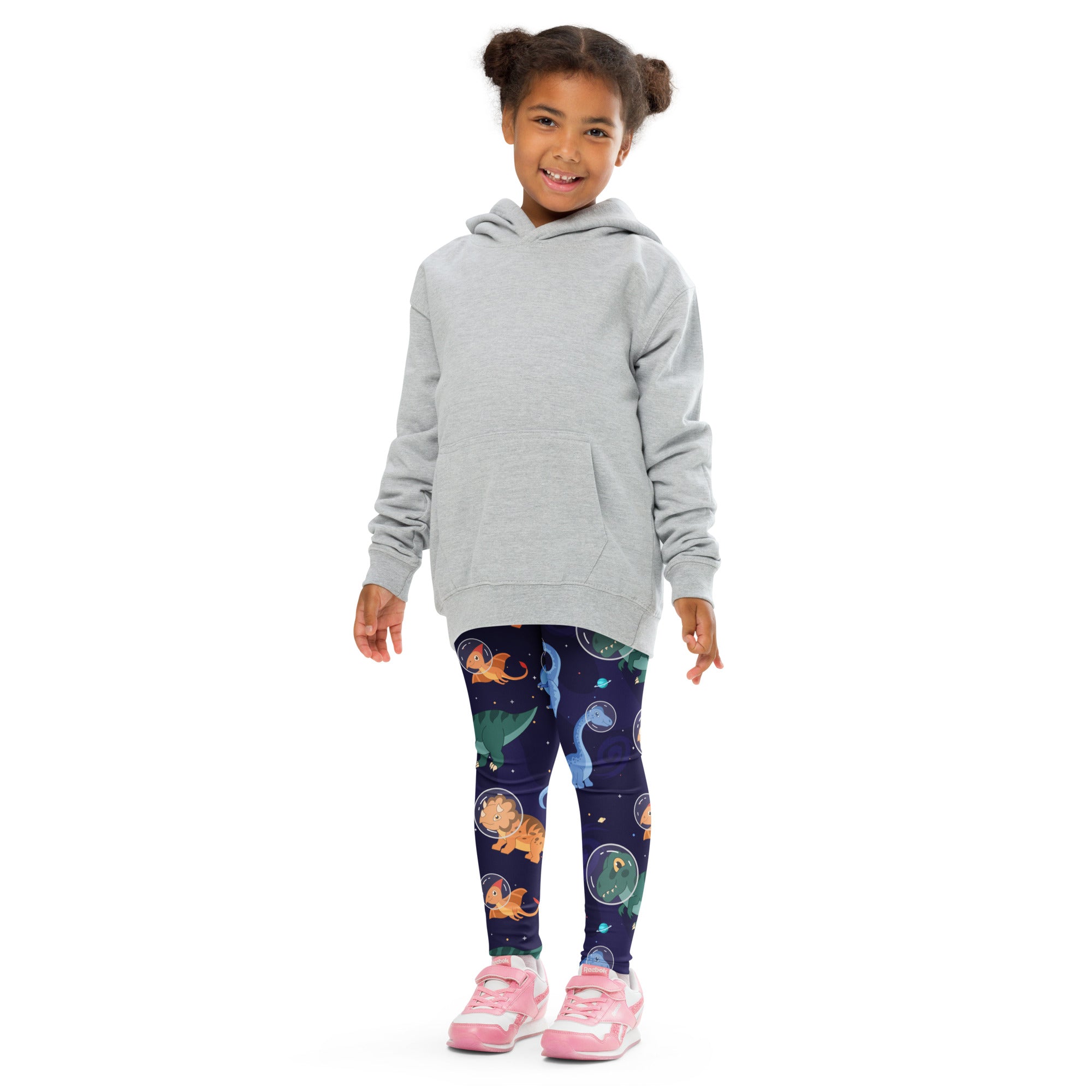 Gray hooded sweatshirt with long sleeves and front pocket paired with kids space dinosaur buttery soft leggings