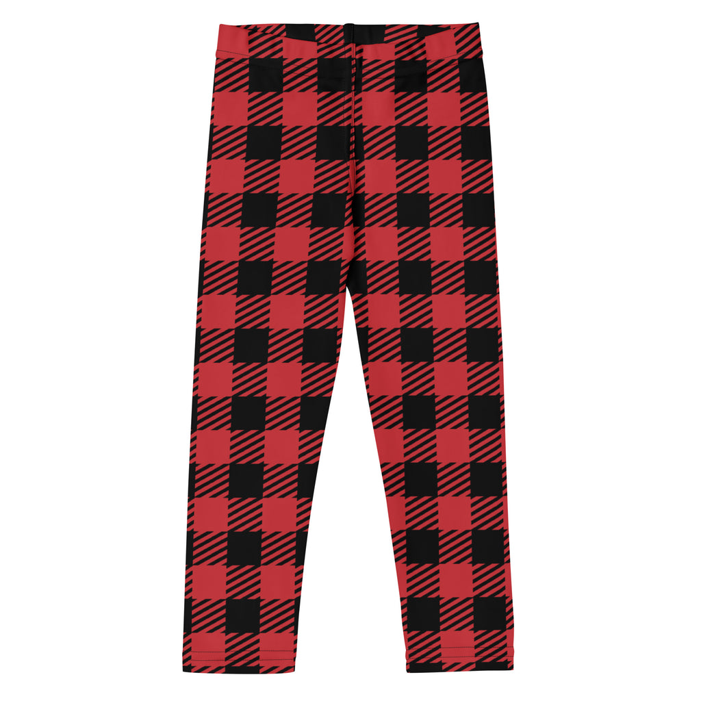 Kids red buffalo plaid buttery soft leggings featuring red and black plaid with a bold diagonal stripe pattern