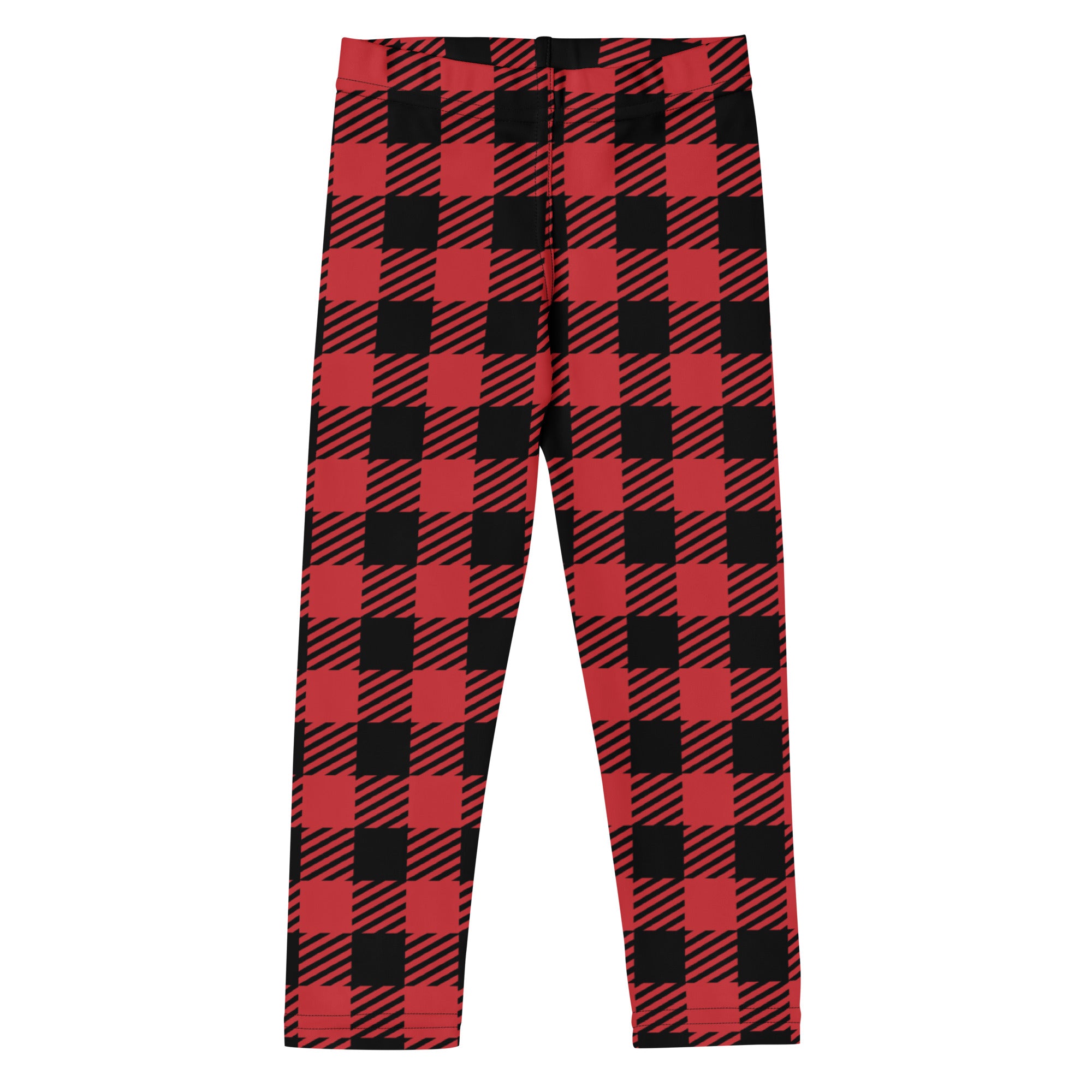 Kids red buffalo plaid buttery soft leggings featuring red and black plaid with a bold diagonal stripe pattern