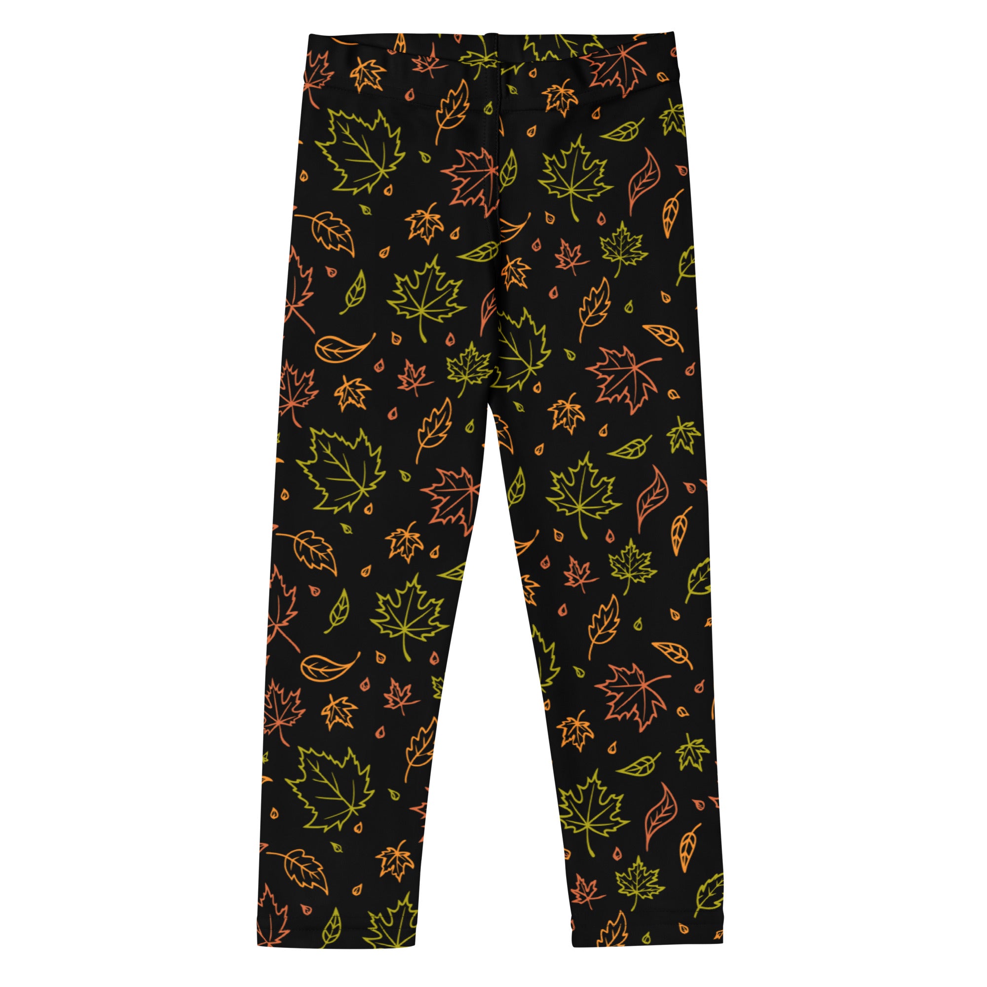 Kids fall leaf buttery soft black leggings with vibrant neon green and orange maple leaf pattern for autumn wear