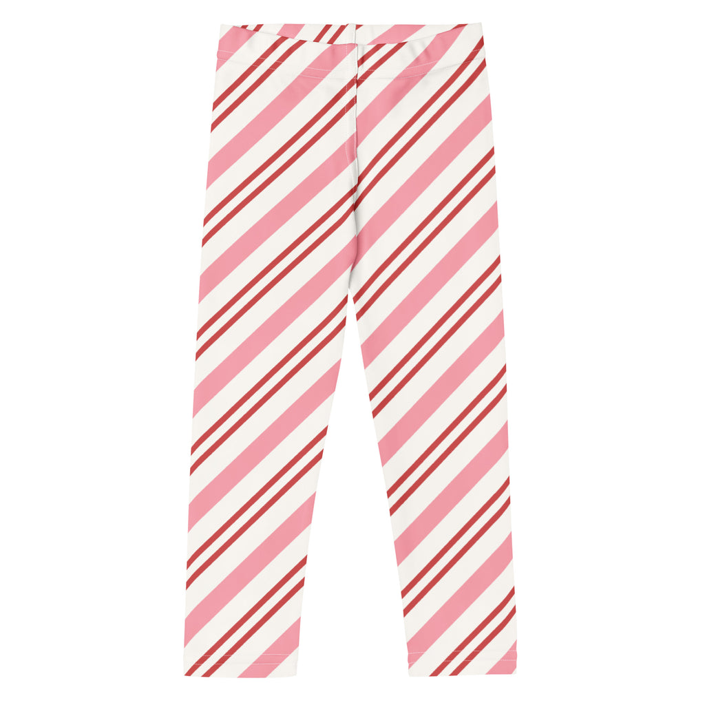 Girls pink candy cane stripe buttery soft leggings with pink white diagonal stripes and red accent stripe pattern