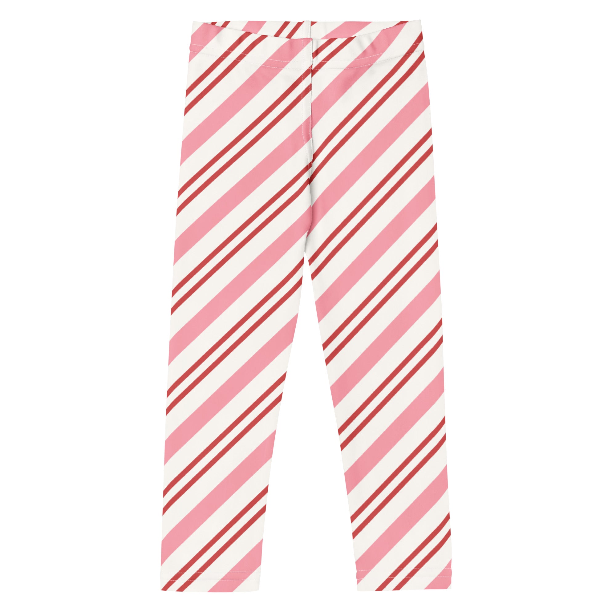 Girls pink candy cane stripe buttery soft leggings with pink white diagonal stripes and red accent stripe pattern