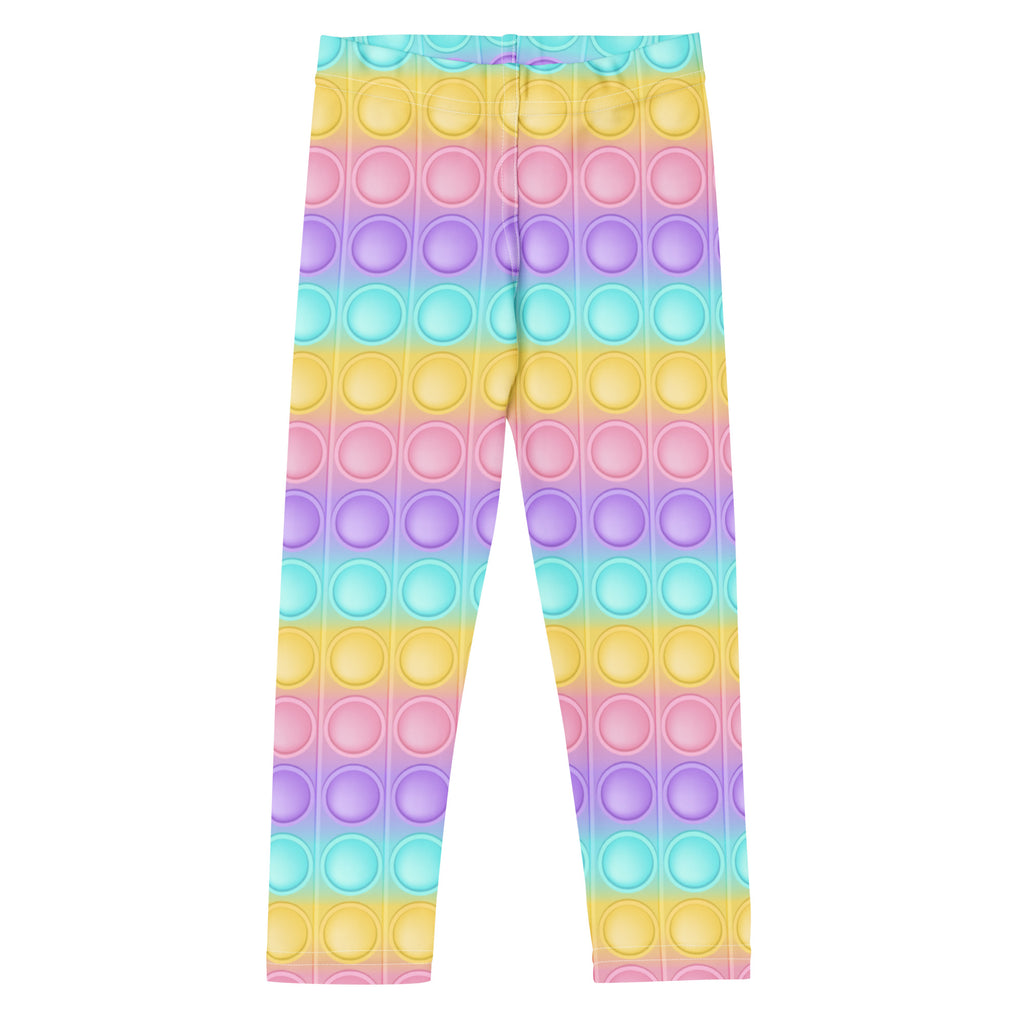 Kids bubble fidget toy themed buttery soft leggings with rainbow gradient and pastel pop-it button pattern