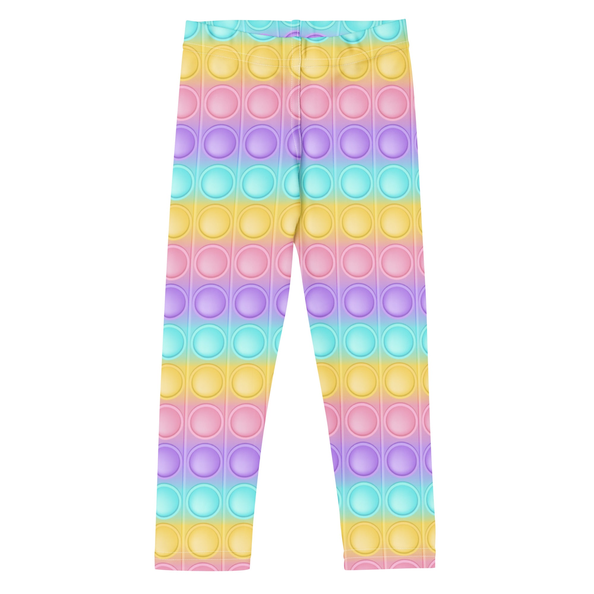 Kids bubble fidget toy themed buttery soft leggings with rainbow gradient and pastel pop-it button pattern