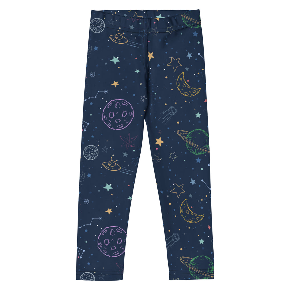 Kids colorful galaxy space buttery soft leggings in dark blue with playful chalkboard-style planets and ufos design