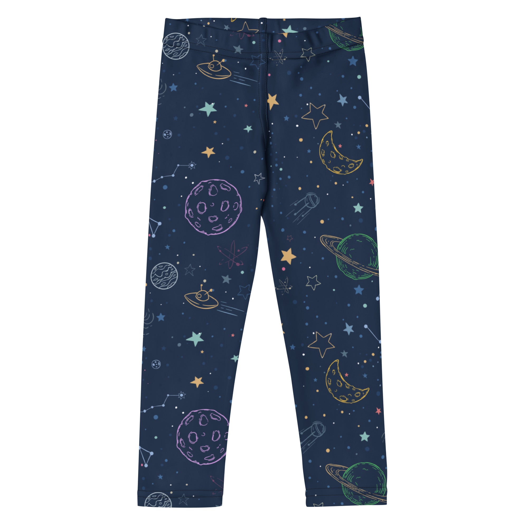 Kids colorful galaxy space buttery soft leggings in dark blue with playful chalkboard-style planets and ufos design