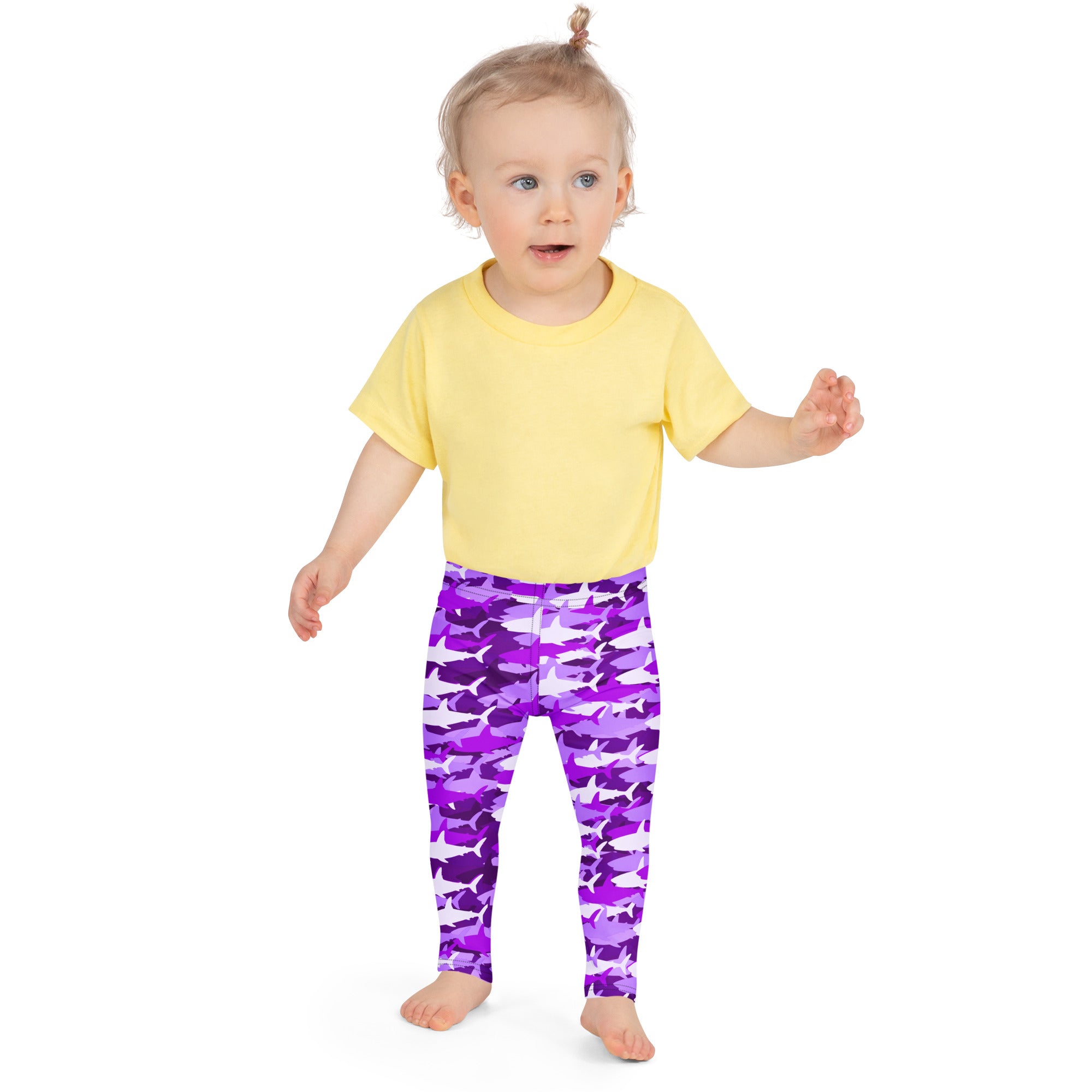 Girls purple shark buttery soft leggings featuring purple and white shark patterns for comfortable wear