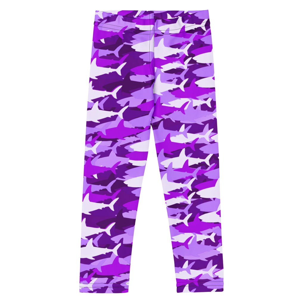 Girls purple shark buttery soft leggings with purple and white shark camouflage pattern and soft fabric