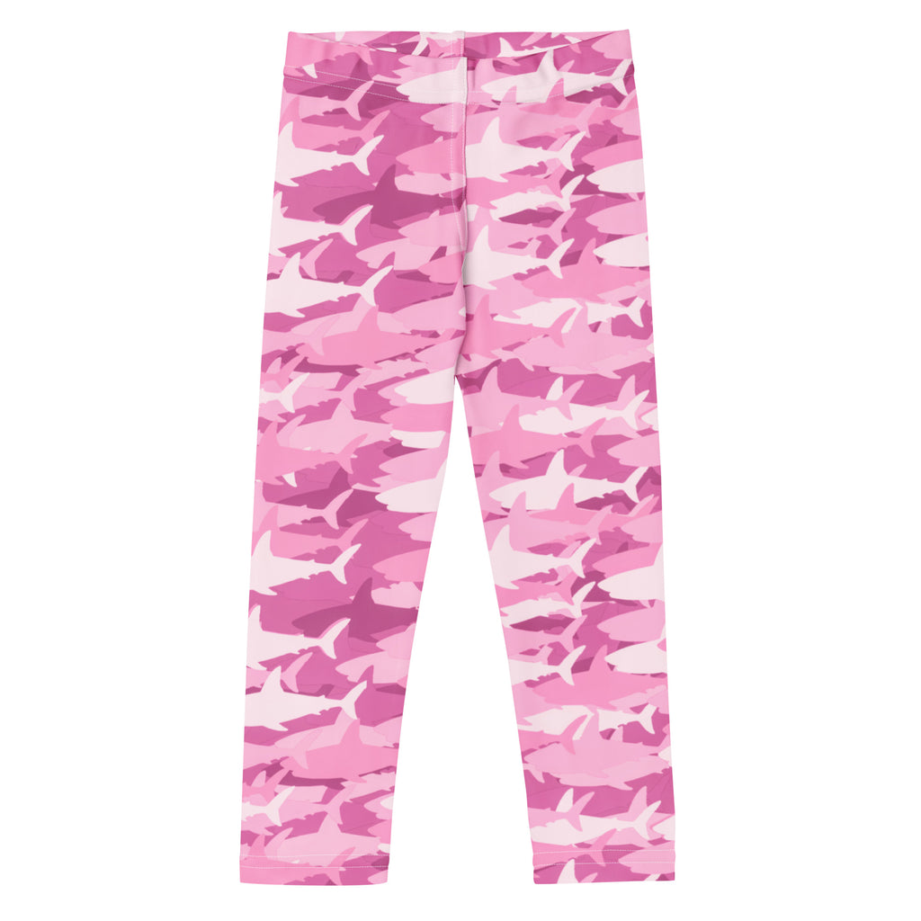 Girls pink and white shark buttery soft leggings featuring shark camouflage pattern for comfortable wear