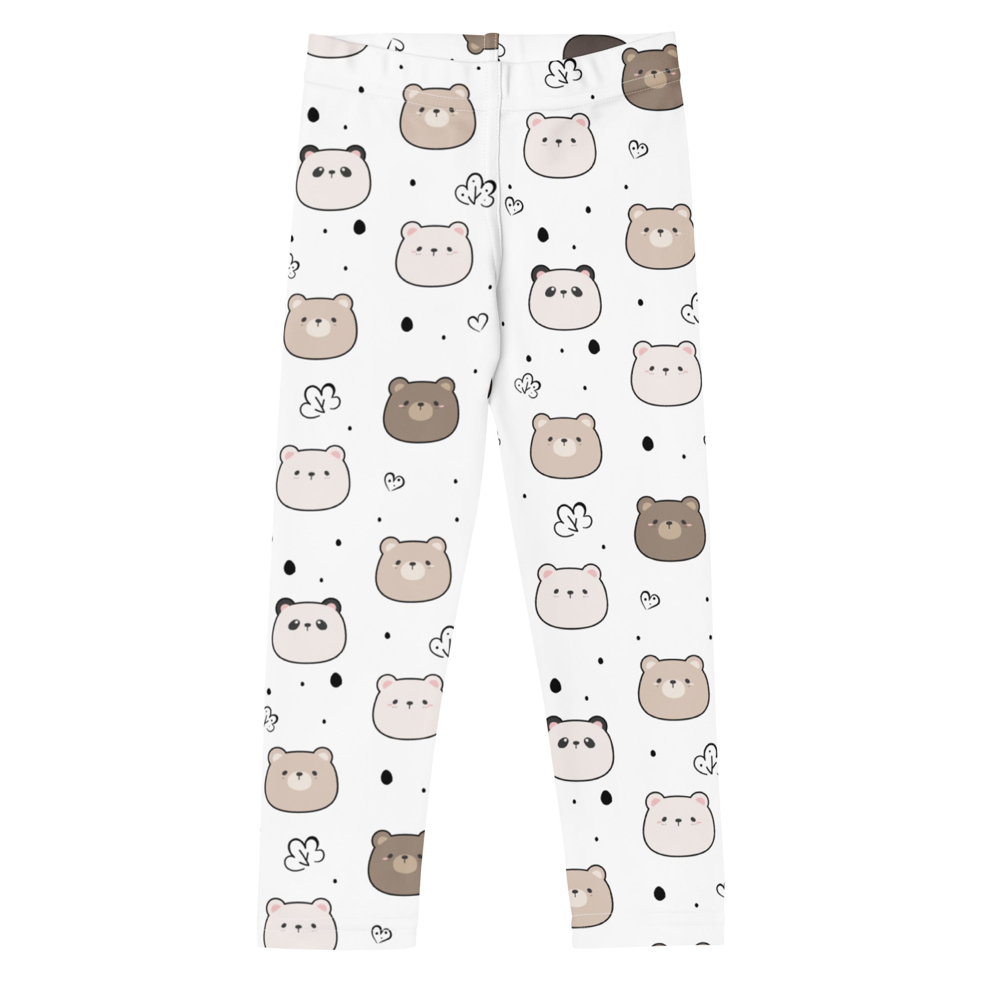 Kids white bear face buttery soft leggings featuring playful beige and brown cartoon bears with hearts and dots pattern