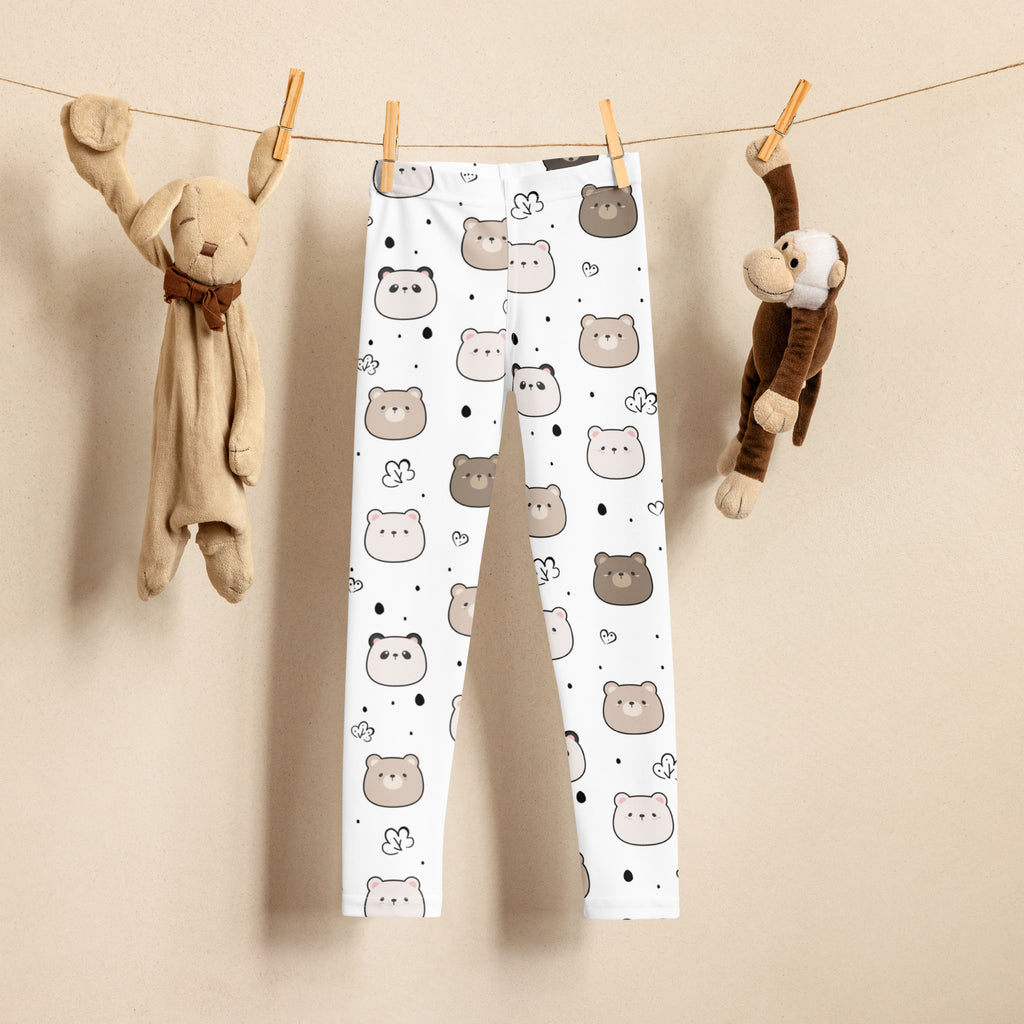Kids white buttery soft leggings with playful gray and brown cartoon bears hearts and dots pattern