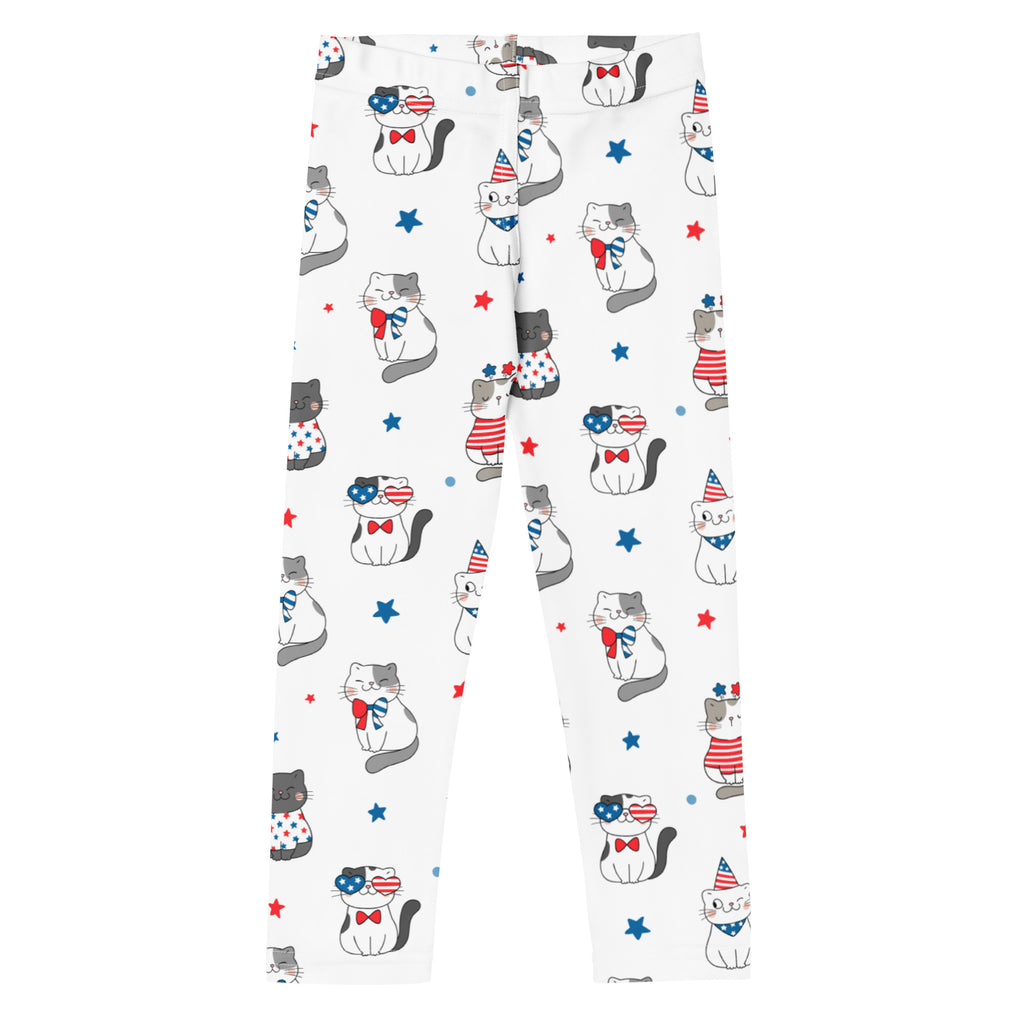 Kids fourth of july cat buttery soft white leggings with playful cartoon cats in red white and blue patriotic outfits