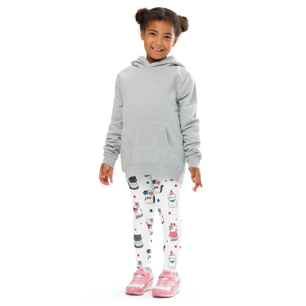 Gray hooded sweatshirt with long sleeves and front pocket worn over kids fourth of july cat buttery soft leggings