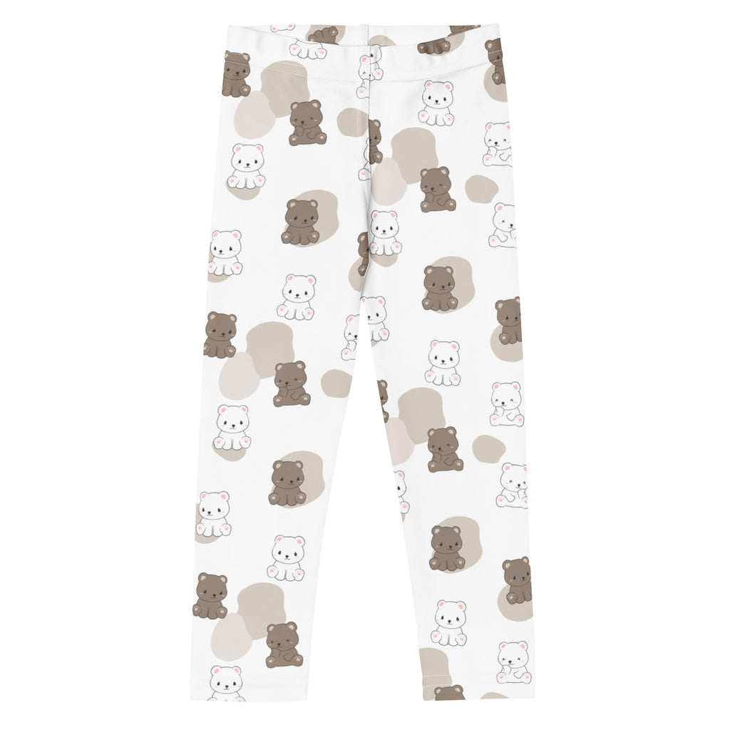 White kids leggings with playful brown and white bear print and beige circles in buttery soft fabric