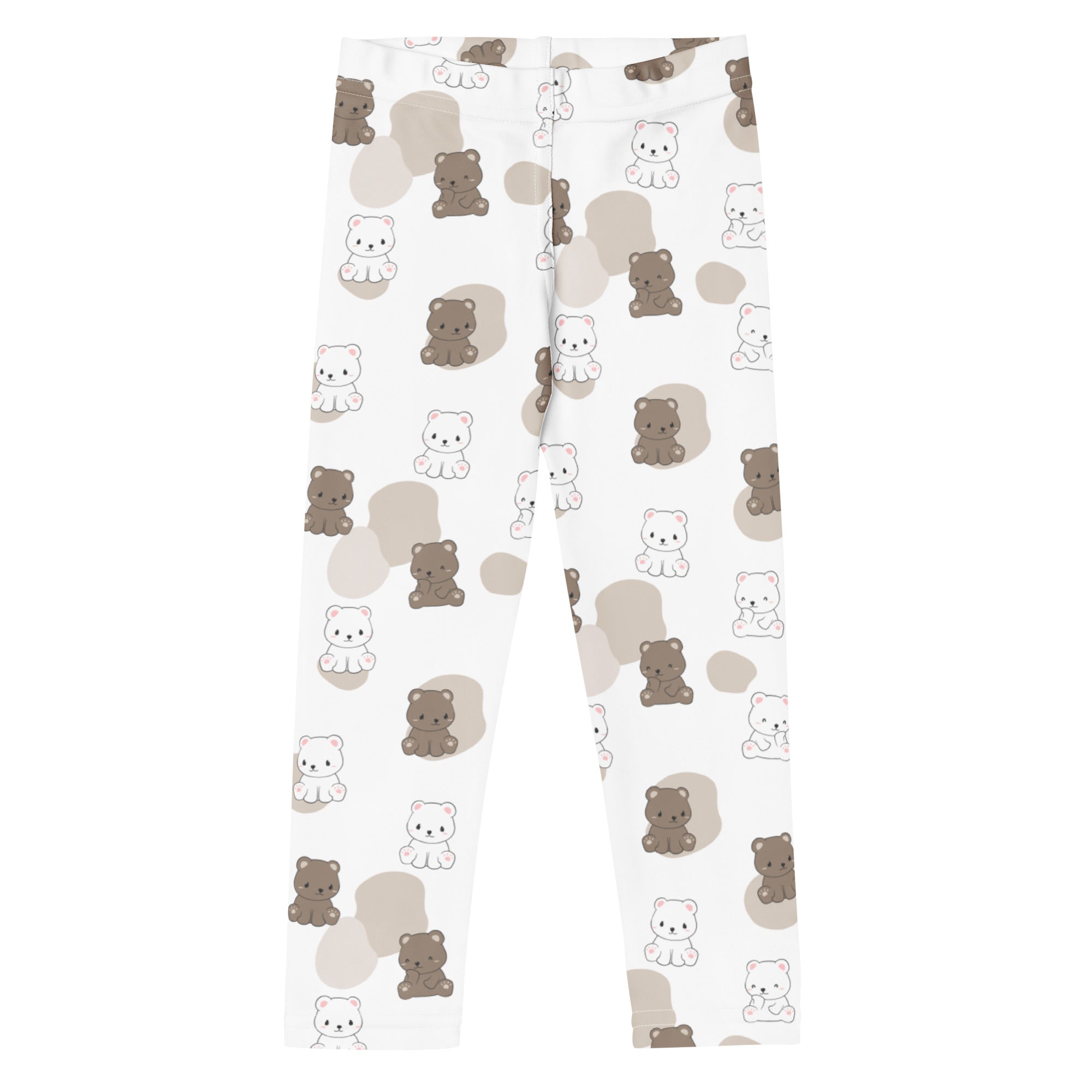 White kids leggings with playful brown and white bear print and beige circles in buttery soft fabric