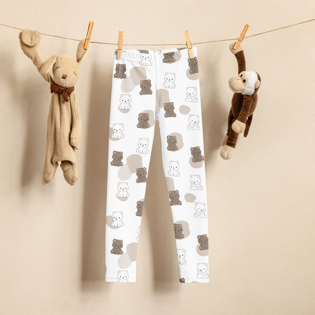 White kids leggings with playful gray and white bear print on buttery soft stretchy fabric
