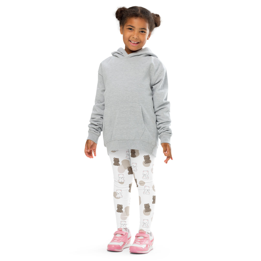 Gray hooded sweatshirt with front pocket and long sleeves paired with kids cute bear print buttery soft leggings