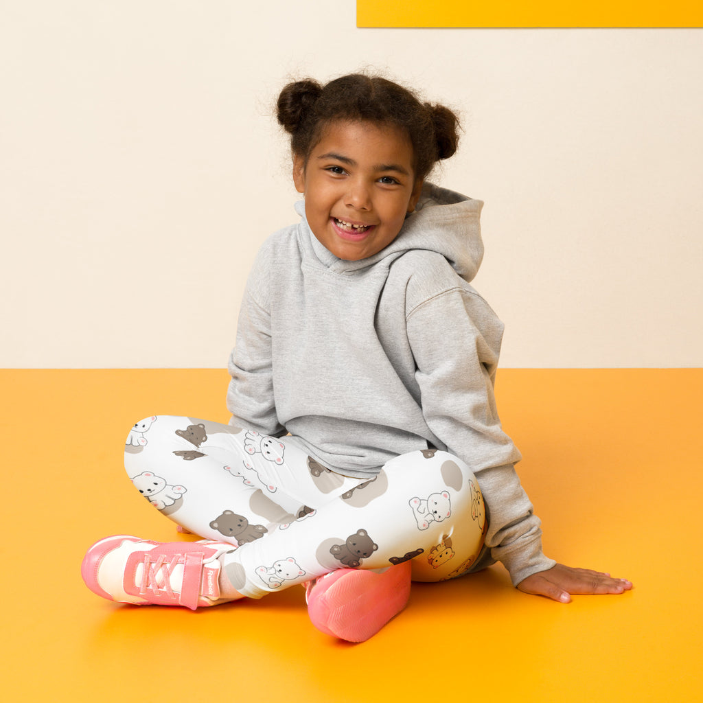 Gray hoodie with soft cozy texture and relaxed fit paired with kids cute bear print buttery soft leggings