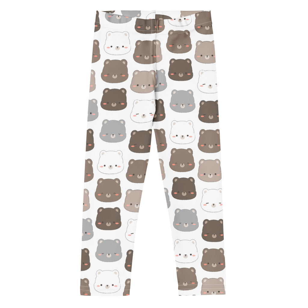 White kids leggings with a cute bear face pattern in brown gray white made of buttery soft fabric