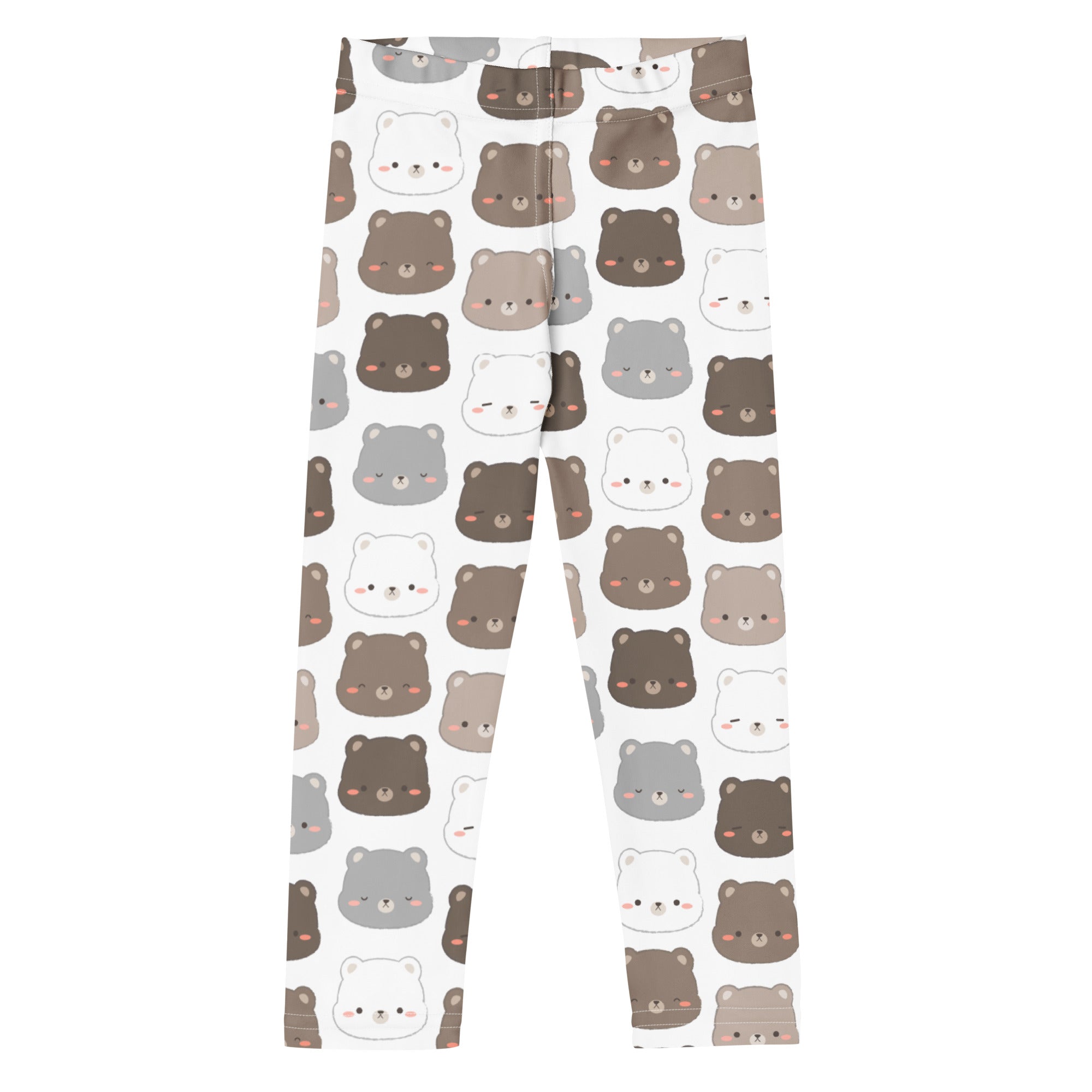 White kids leggings with a cute bear face pattern in brown gray white made of buttery soft fabric