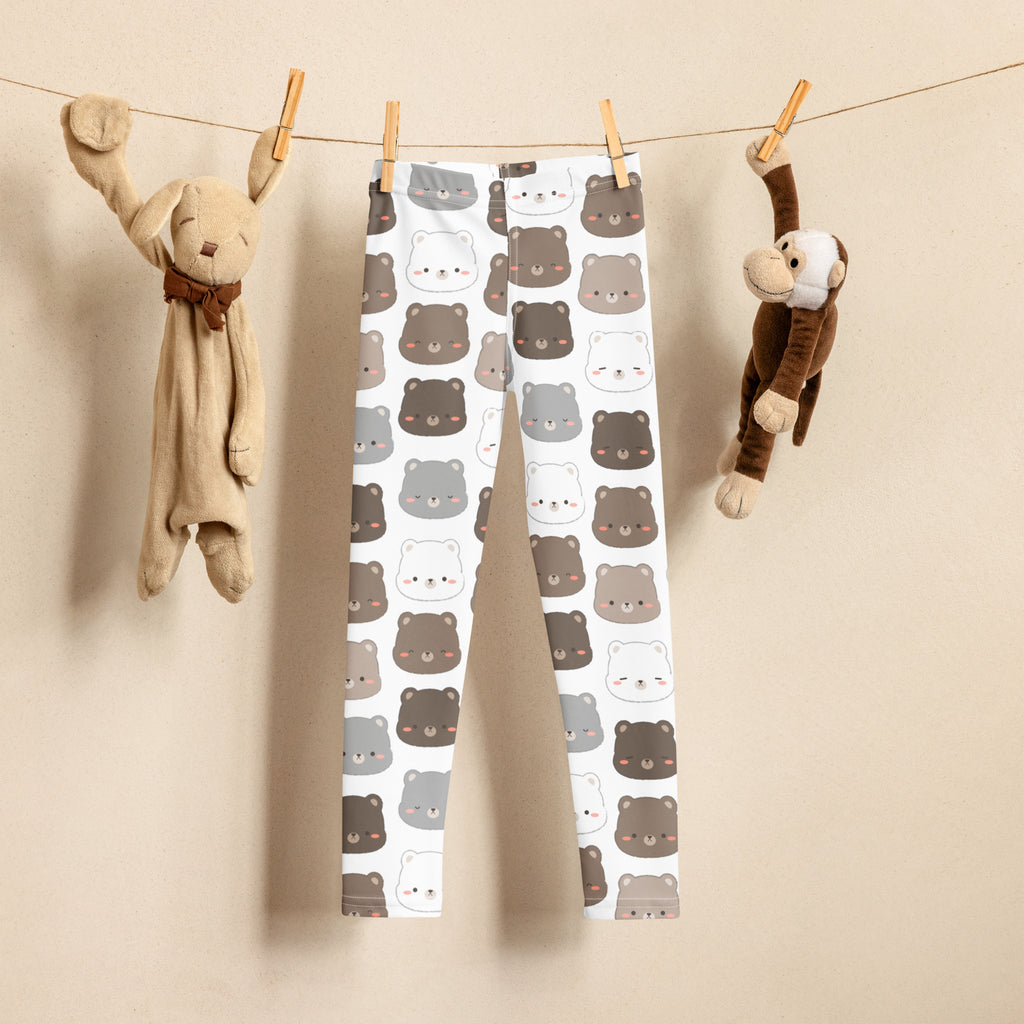 Kids bear face pattern buttery soft white leggings with repeating gray and brown cartoon bear faces
