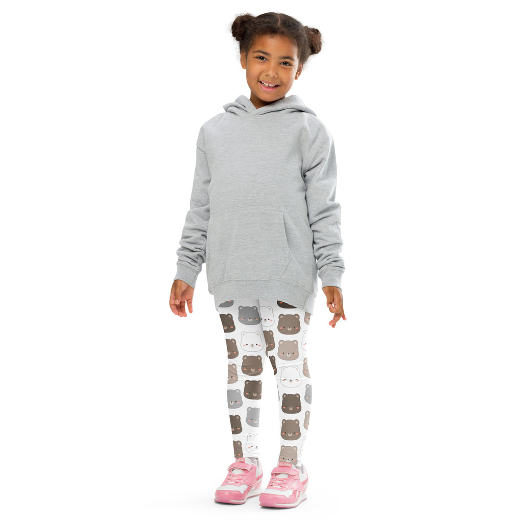A child wearing kids bear face pattern buttery soft white leggings with colorful bear faces and a light gray hoodie