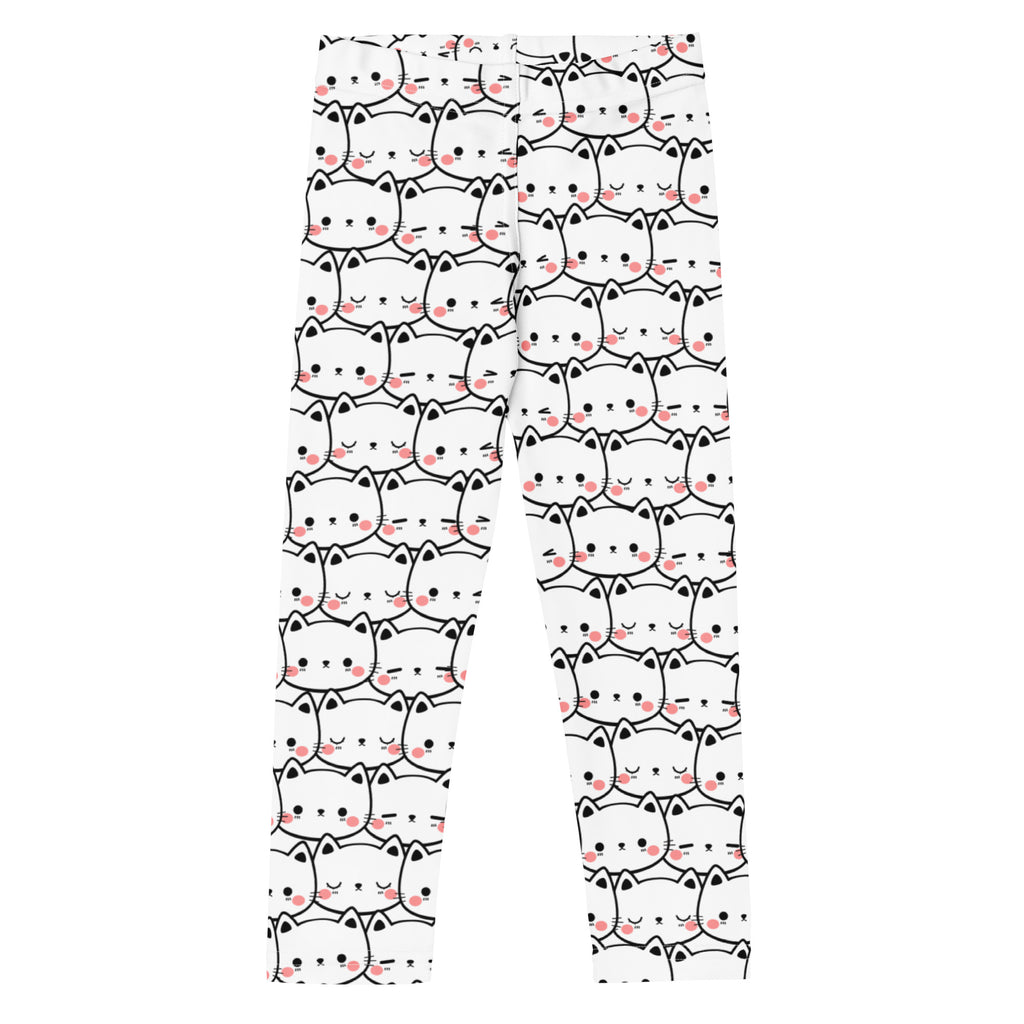 Girls white buttery soft leggings with a playful black-outlined cartoon cat face pattern and pink cheeks