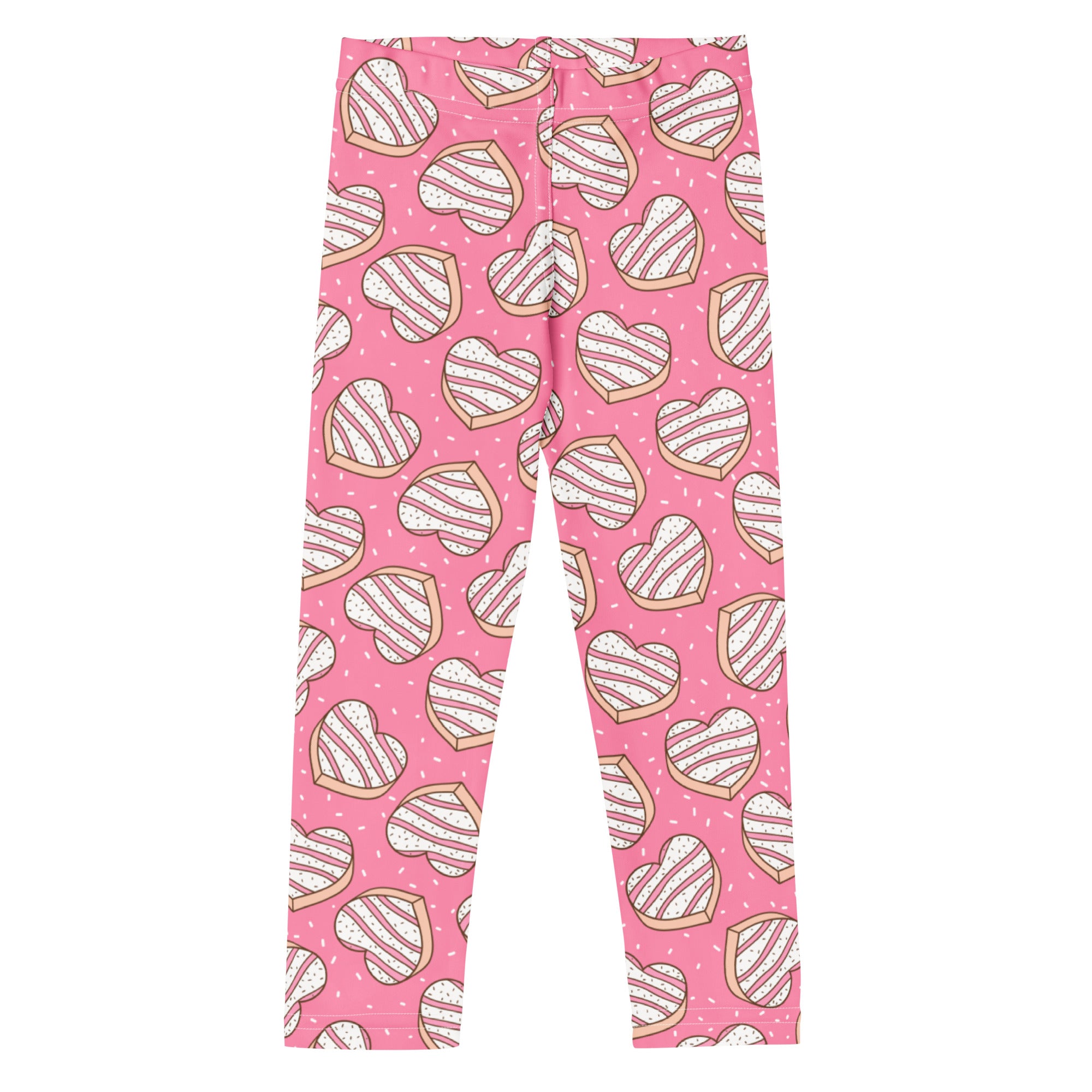 Girls pink buttery soft leggings with a heart-shaped cookie pattern featuring white icing stripes and brown outlines