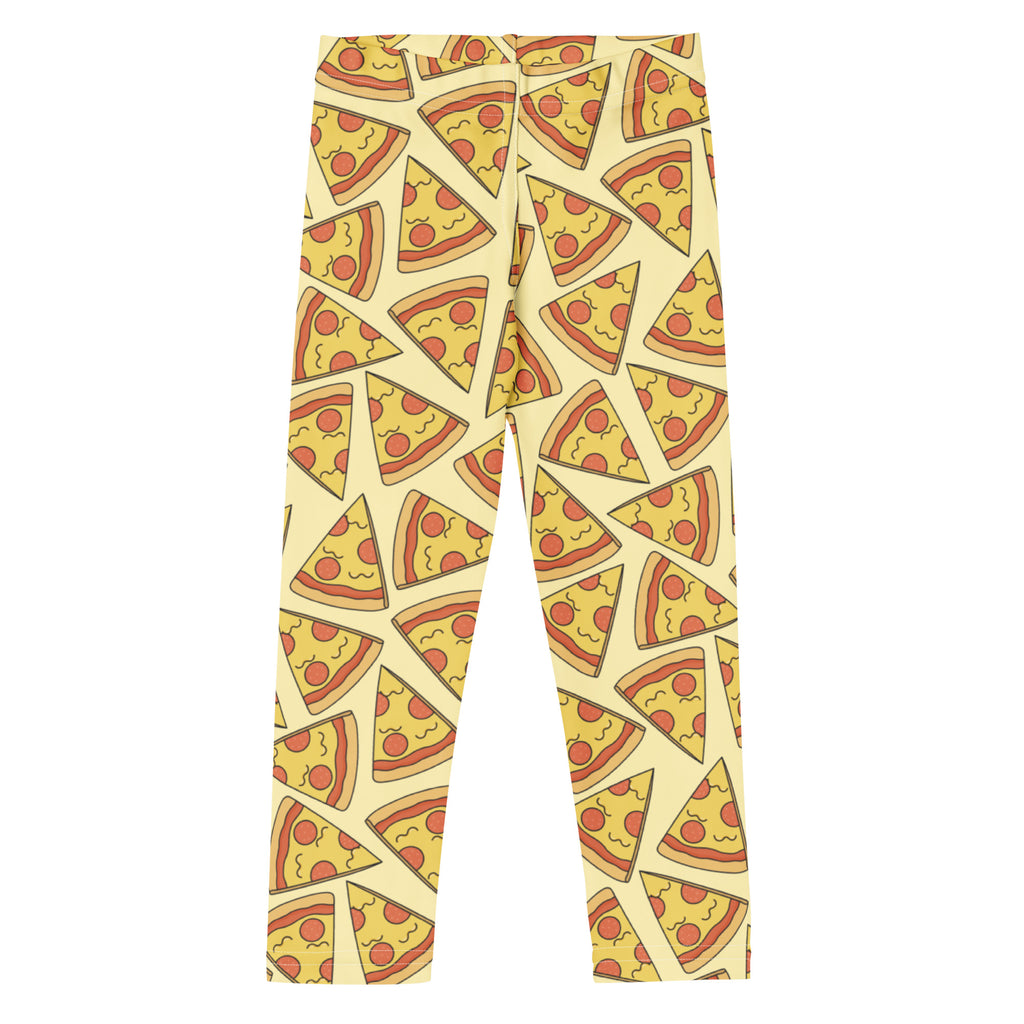 Yellow kids buttery soft leggings with a playful cartoon pizza slice pattern perfect for casual wear