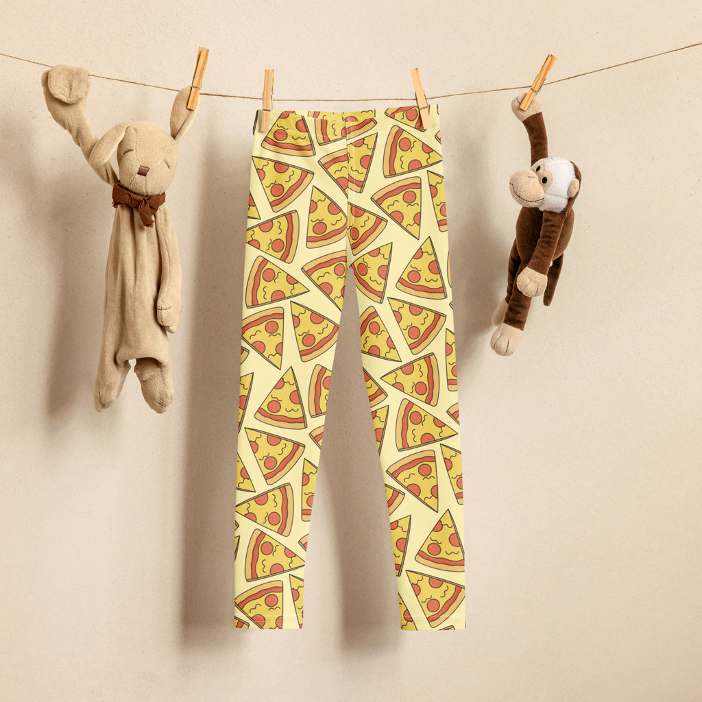 Yellow kids pizza slice buttery soft leggings with repeating cartoon pizza slice pattern