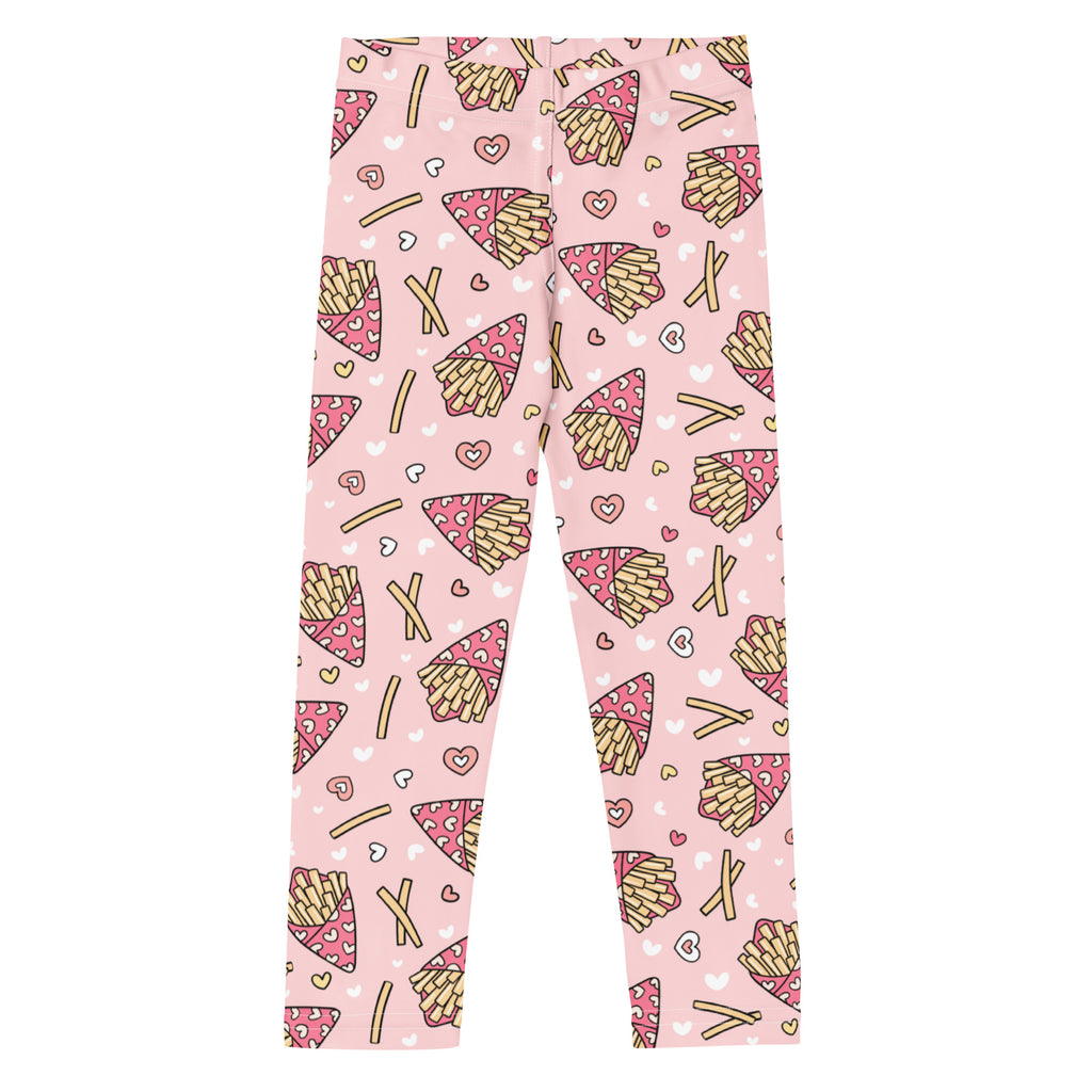 Pink girls leggings with a playful french fries and hearts pattern made of buttery soft fabric