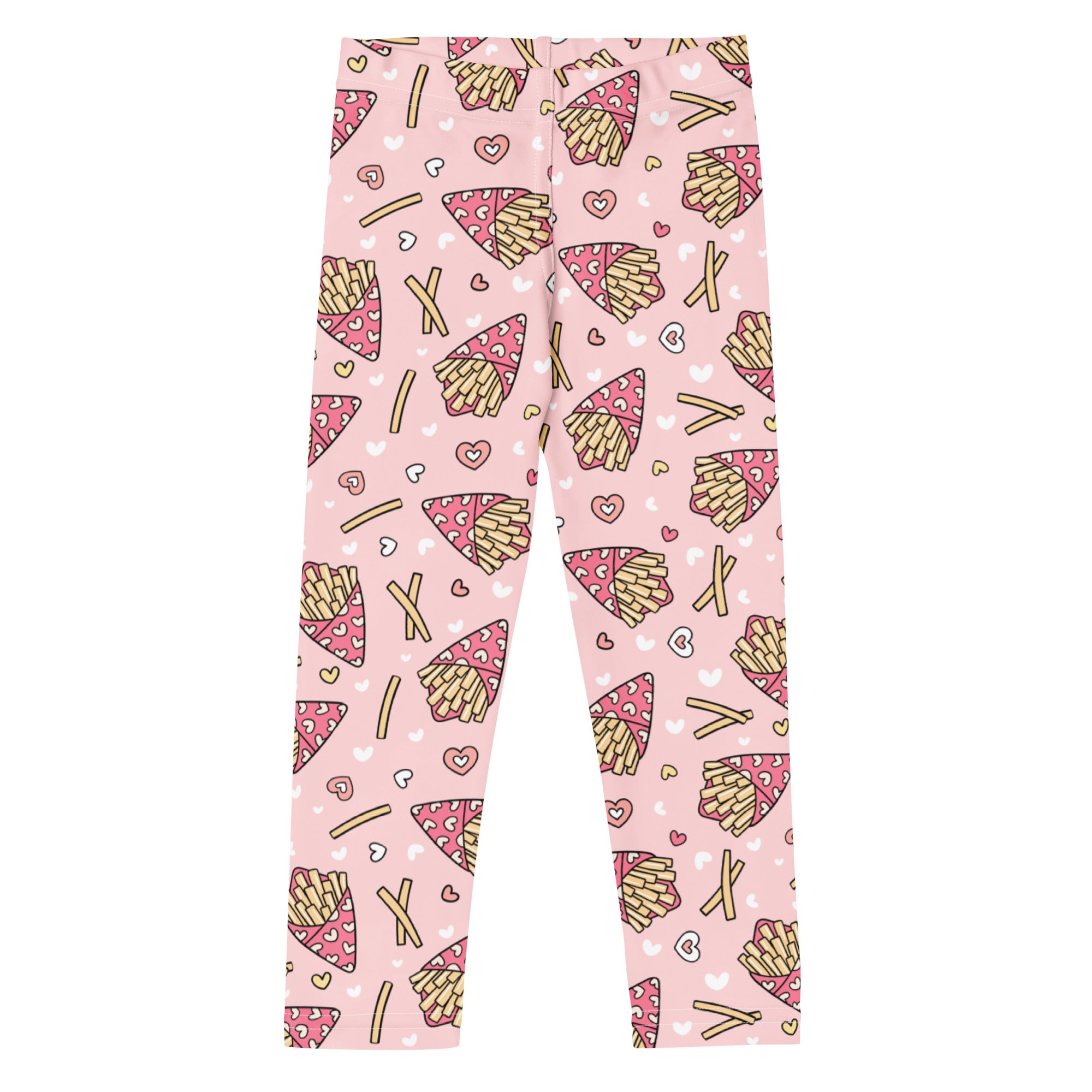 Pink girls leggings with a playful french fries and hearts pattern made of buttery soft fabric
