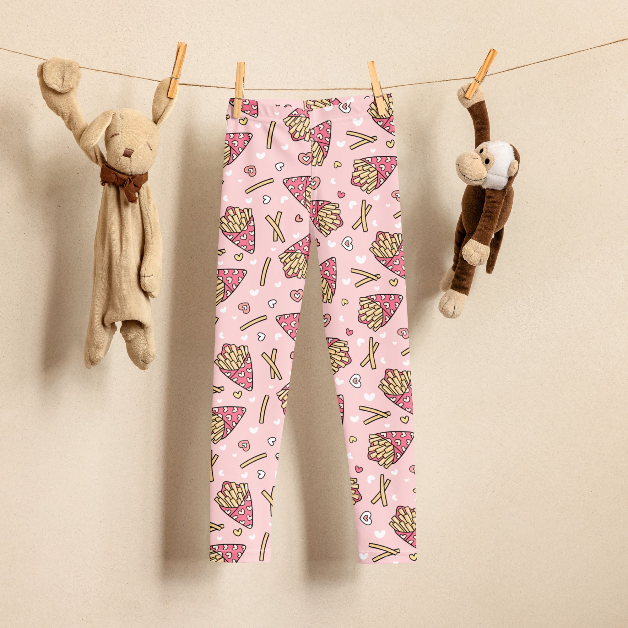 Girls french fries buttery soft pink leggings with playful pizza slices golden fries and heart pattern