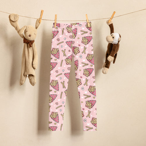 Girls french fries buttery soft pink leggings with playful pizza slices golden fries and heart pattern